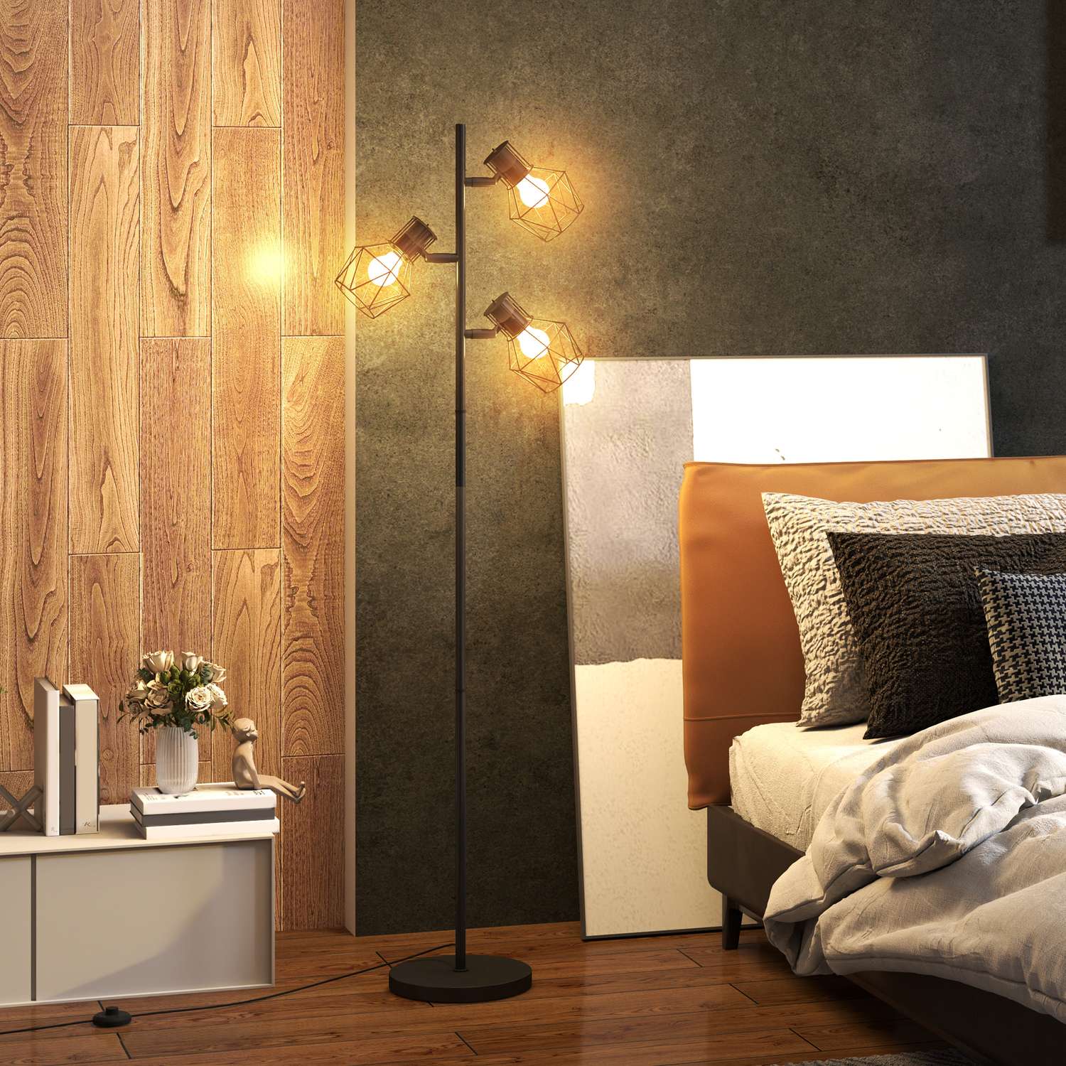 Golvlampa med 3 justerbara huvuden, 169 cm svart metall