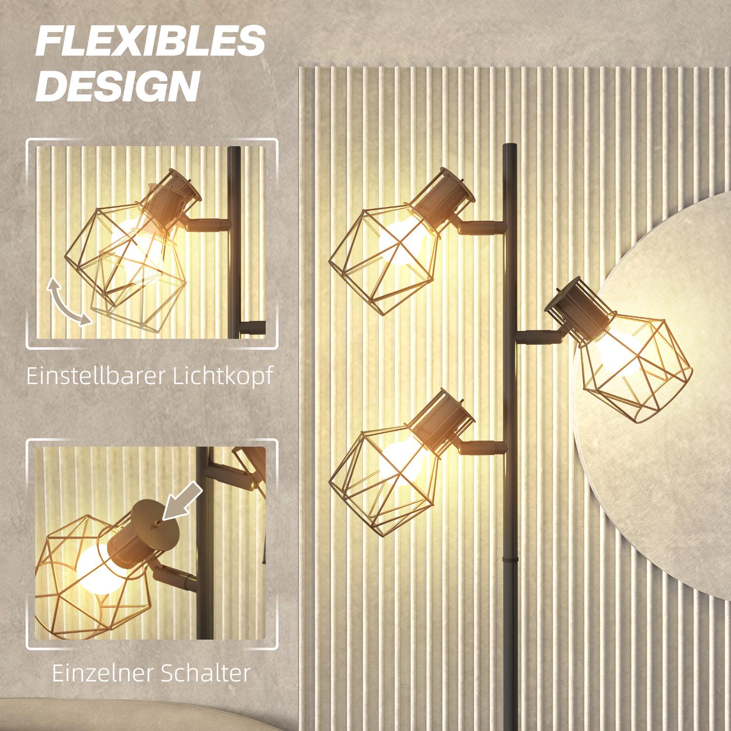 Golvlampa med 3 justerbara huvuden, 169 cm svart metall