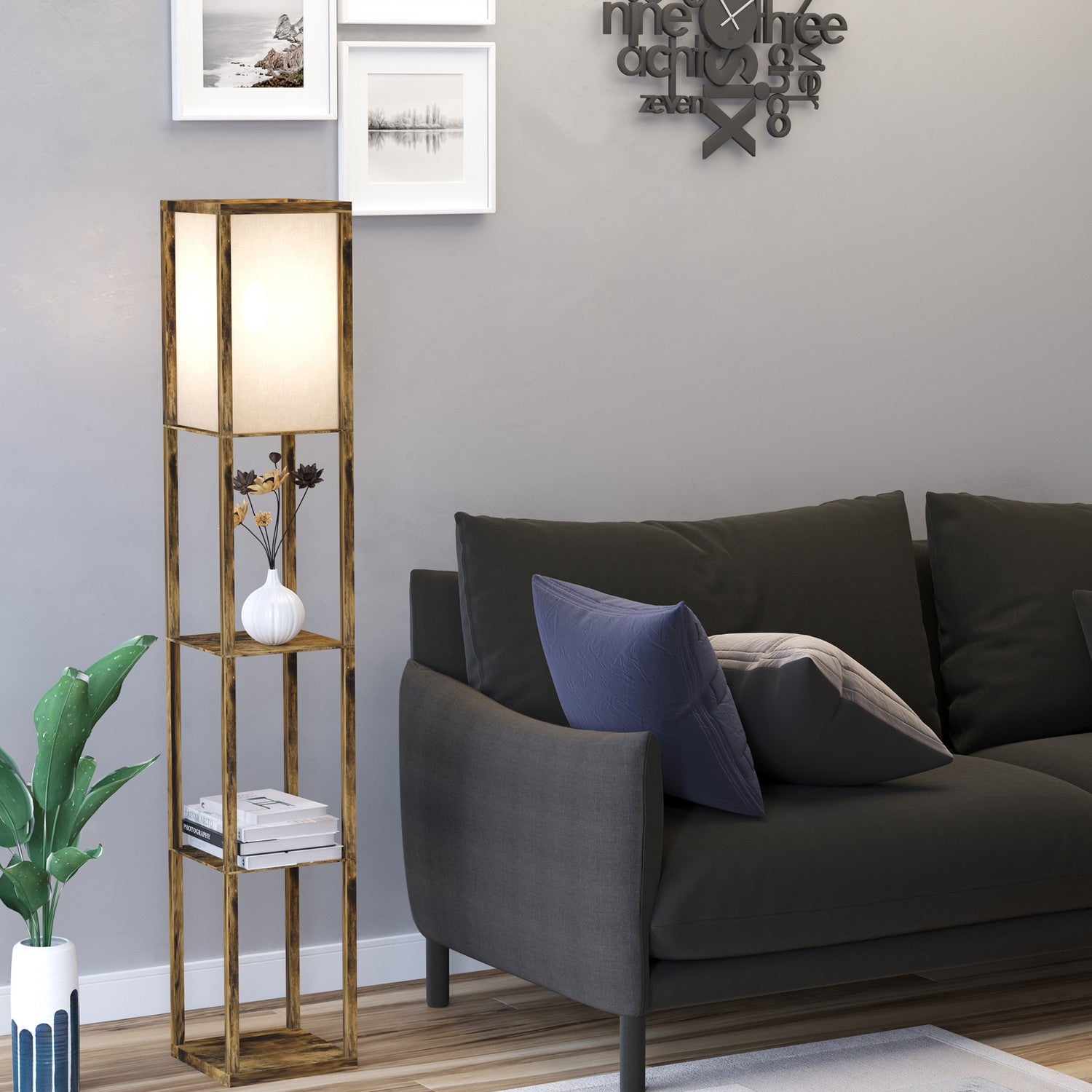 Golvlampa med hyllor och lampskärm, E27 sockel, 40W