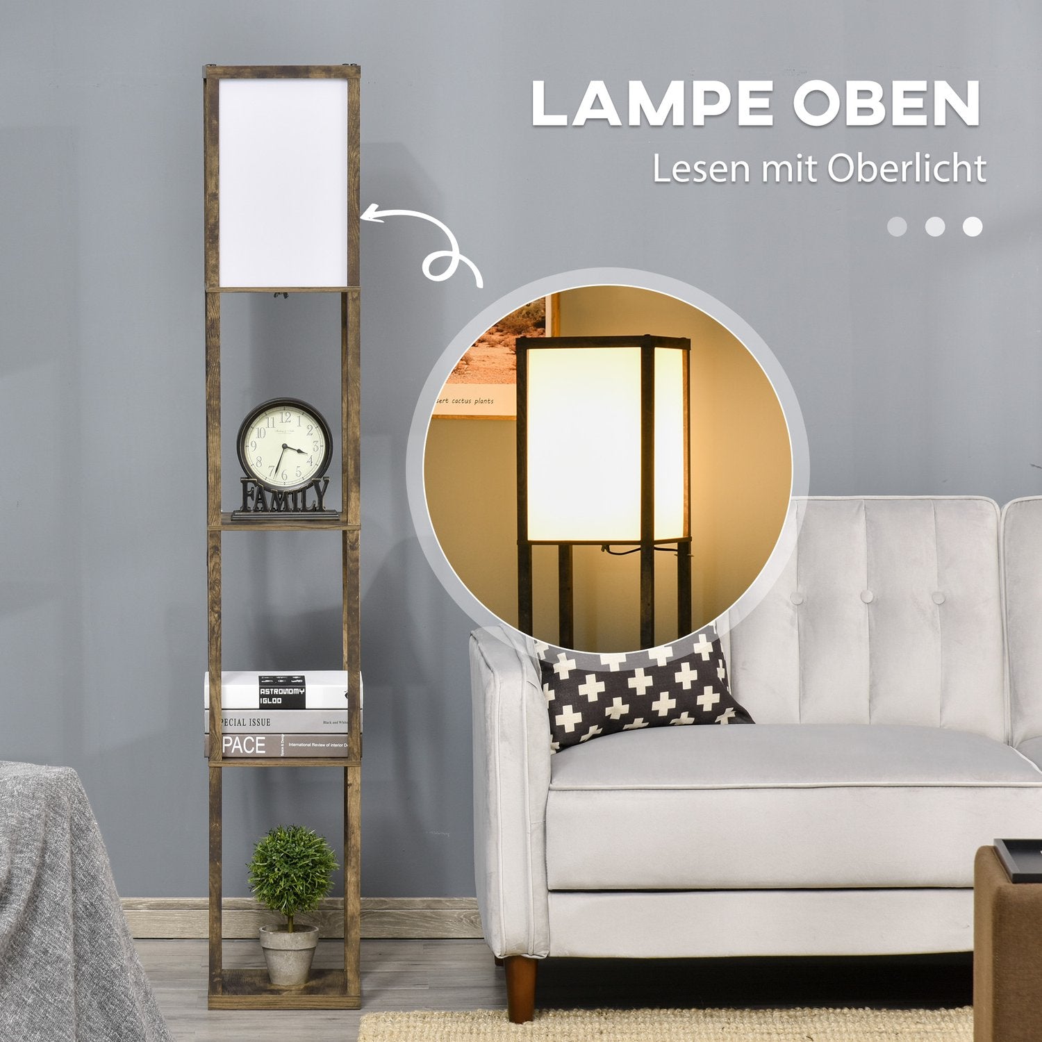 Golvlampa med hyllor och lampskärm, E27 sockel, 40W