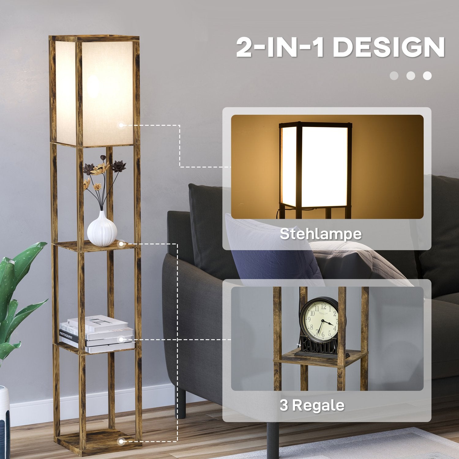 Golvlampa med hyllor och lampskärm, E27 sockel, 40W