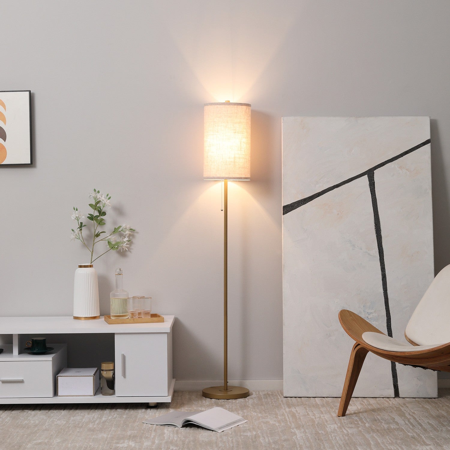 Golvlampa med linneskärm, dragkedja och stålstativ