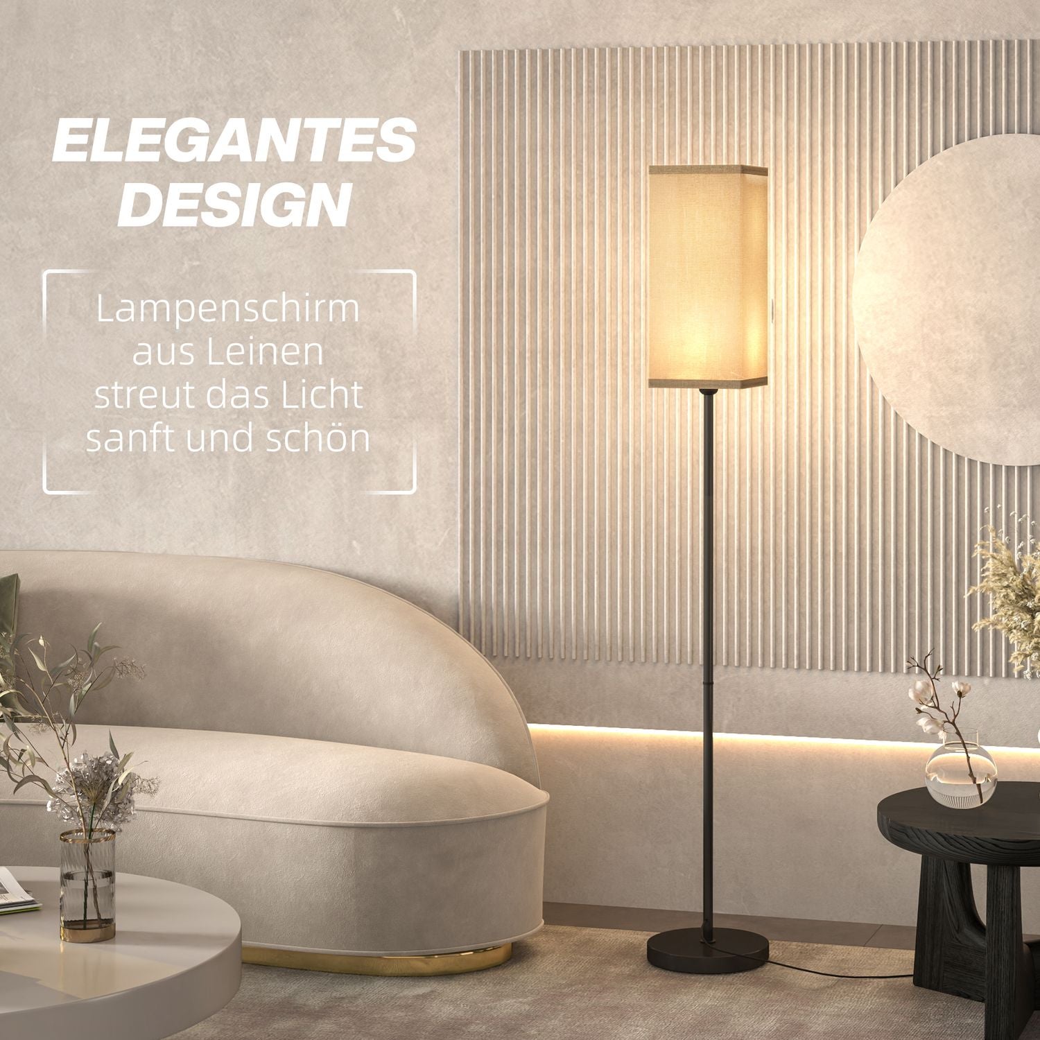 Modern svart golvlampa med linne-look skärm, fotkontakt