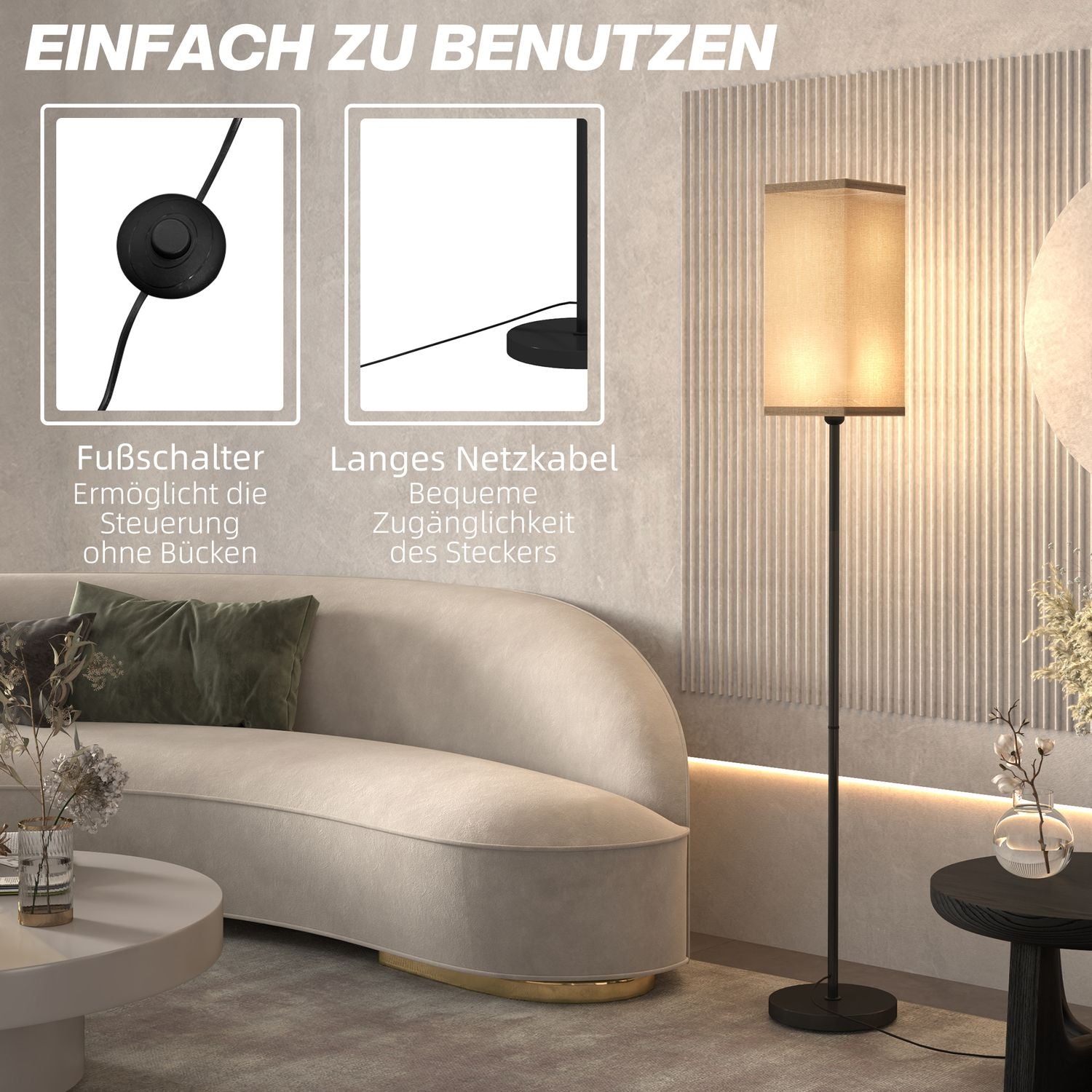 Modern svart golvlampa med linne-look skärm, fotkontakt