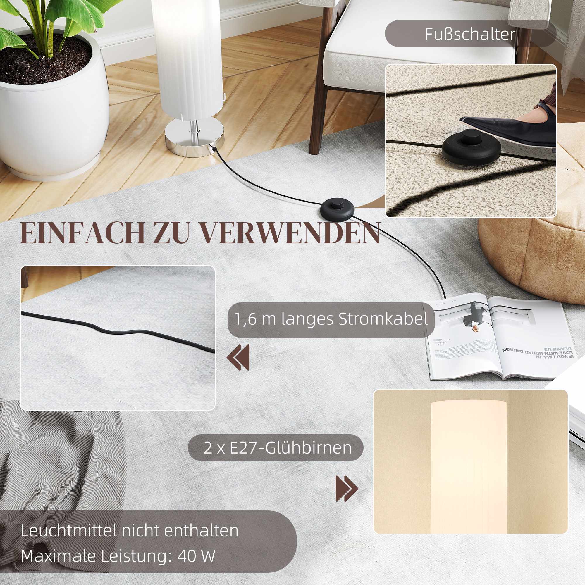Golvlampa, rostfritt stål, E27-sockel, 120 cm
