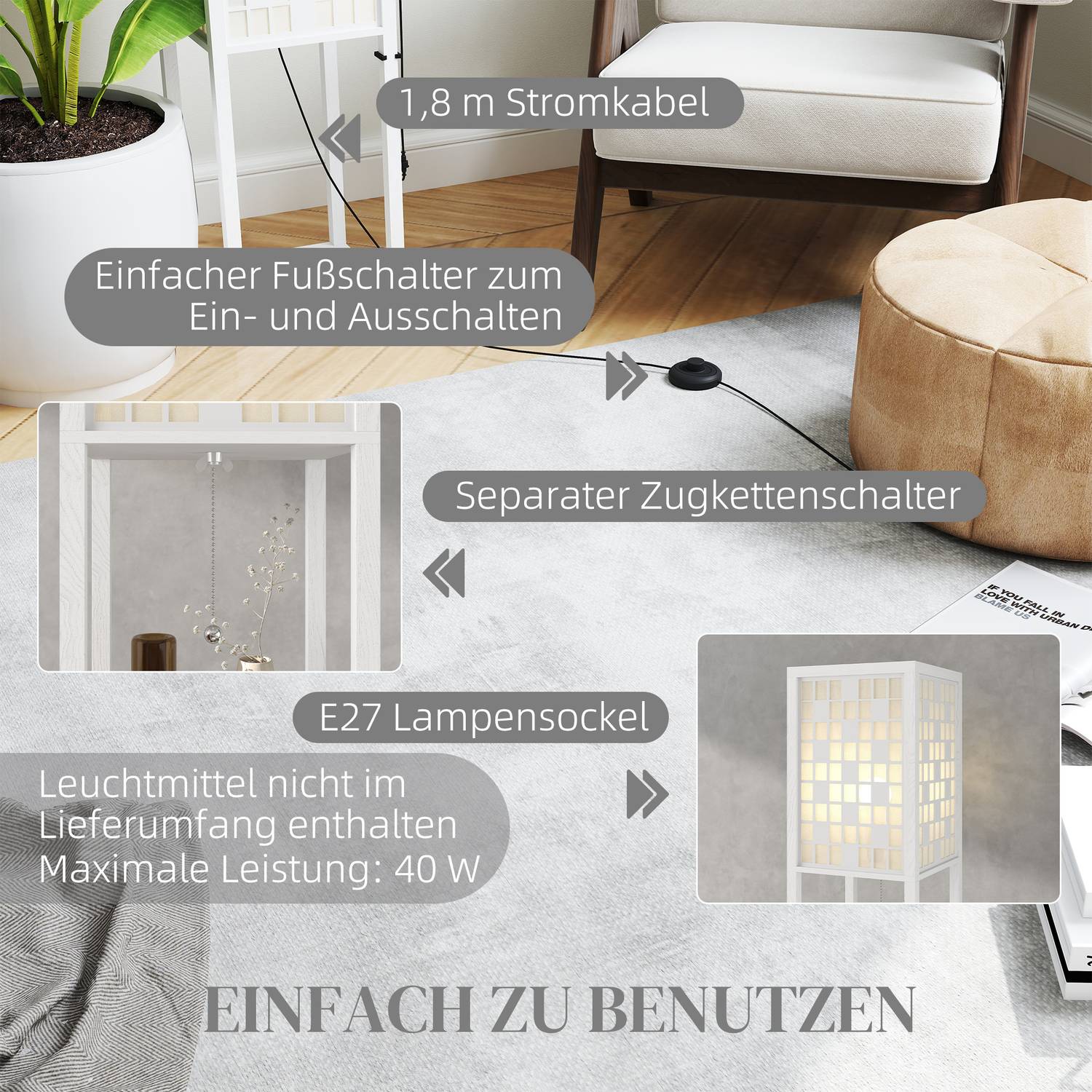 Golvlampa, rutmönster, 2-vånings hyllor, för olika glödlampor, vit