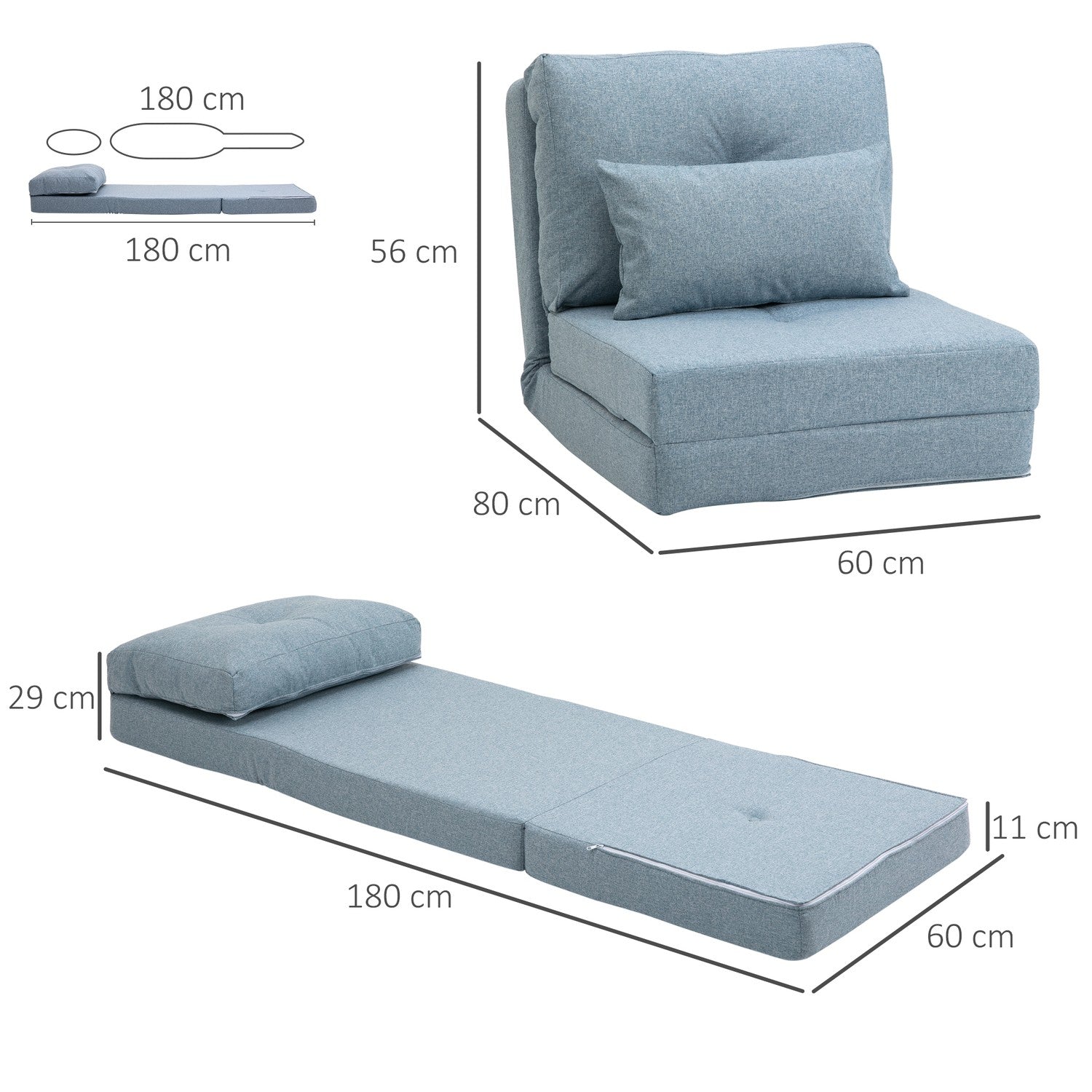 Golvstol hopfällbar sovmatta, 2-i-1 design, avtagbar kudde, 60 x 80 x 56 cm, himmelsblå