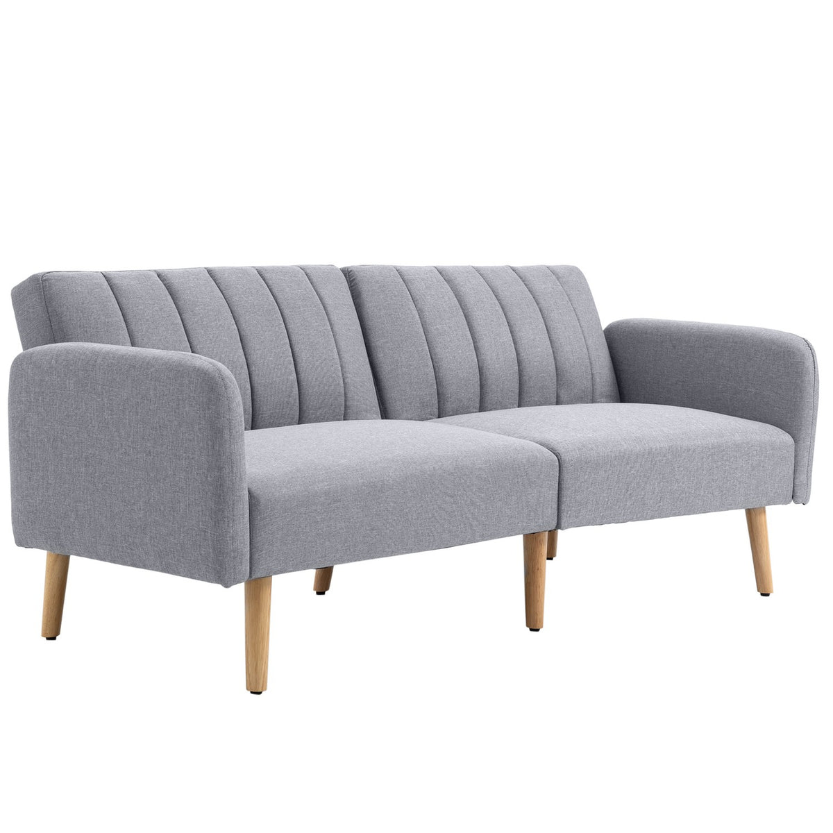 Grå 2-sits bäddsoffa, ställbart ryggstöd, träben