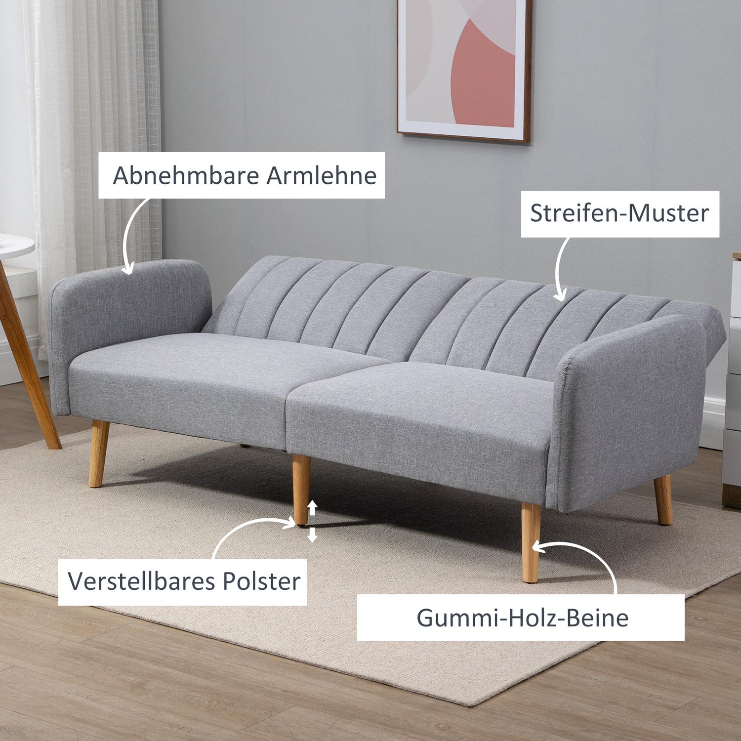Grå 2-sits bäddsoffa, ställbart ryggstöd, träben