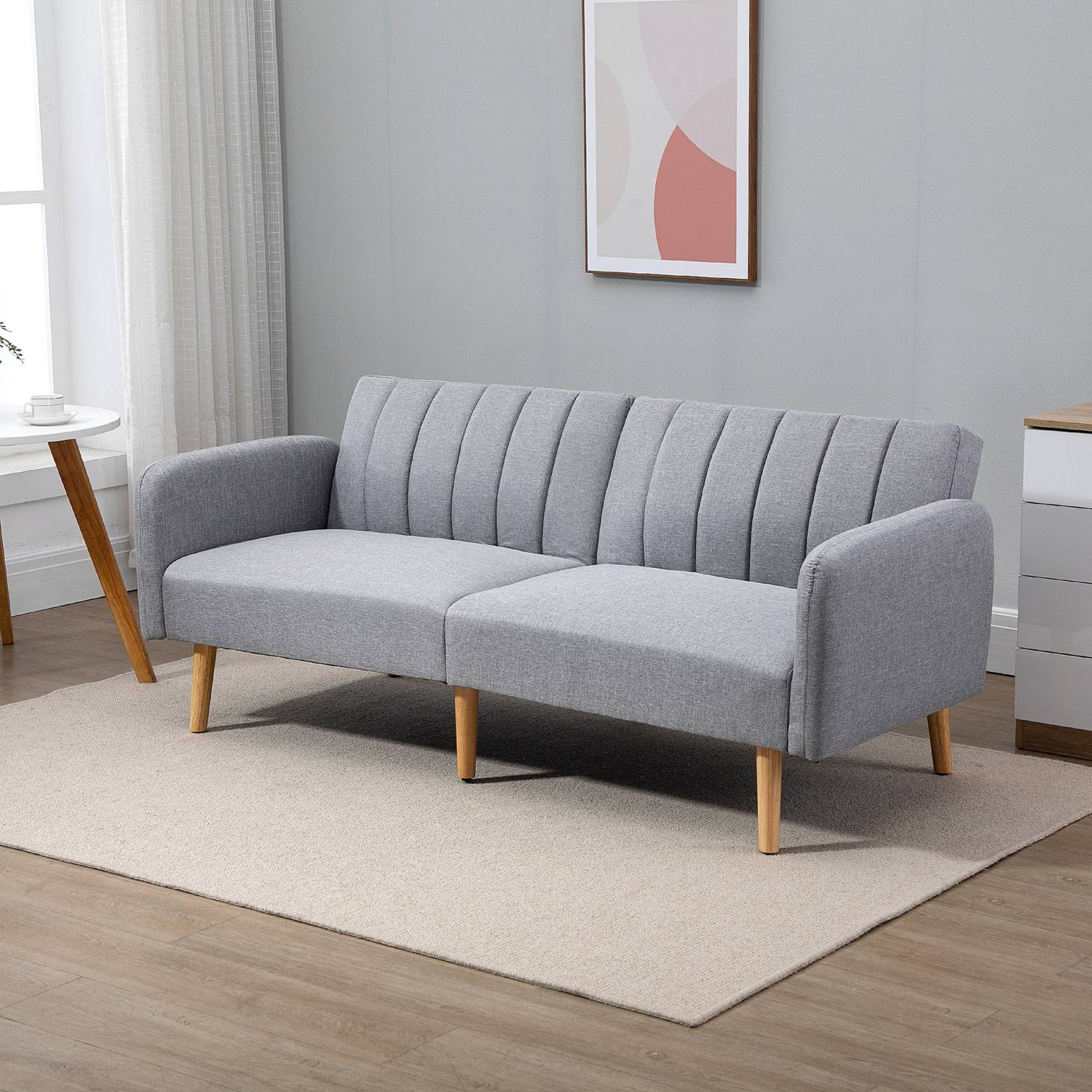Grå 2-sits bäddsoffa, ställbart ryggstöd, träben