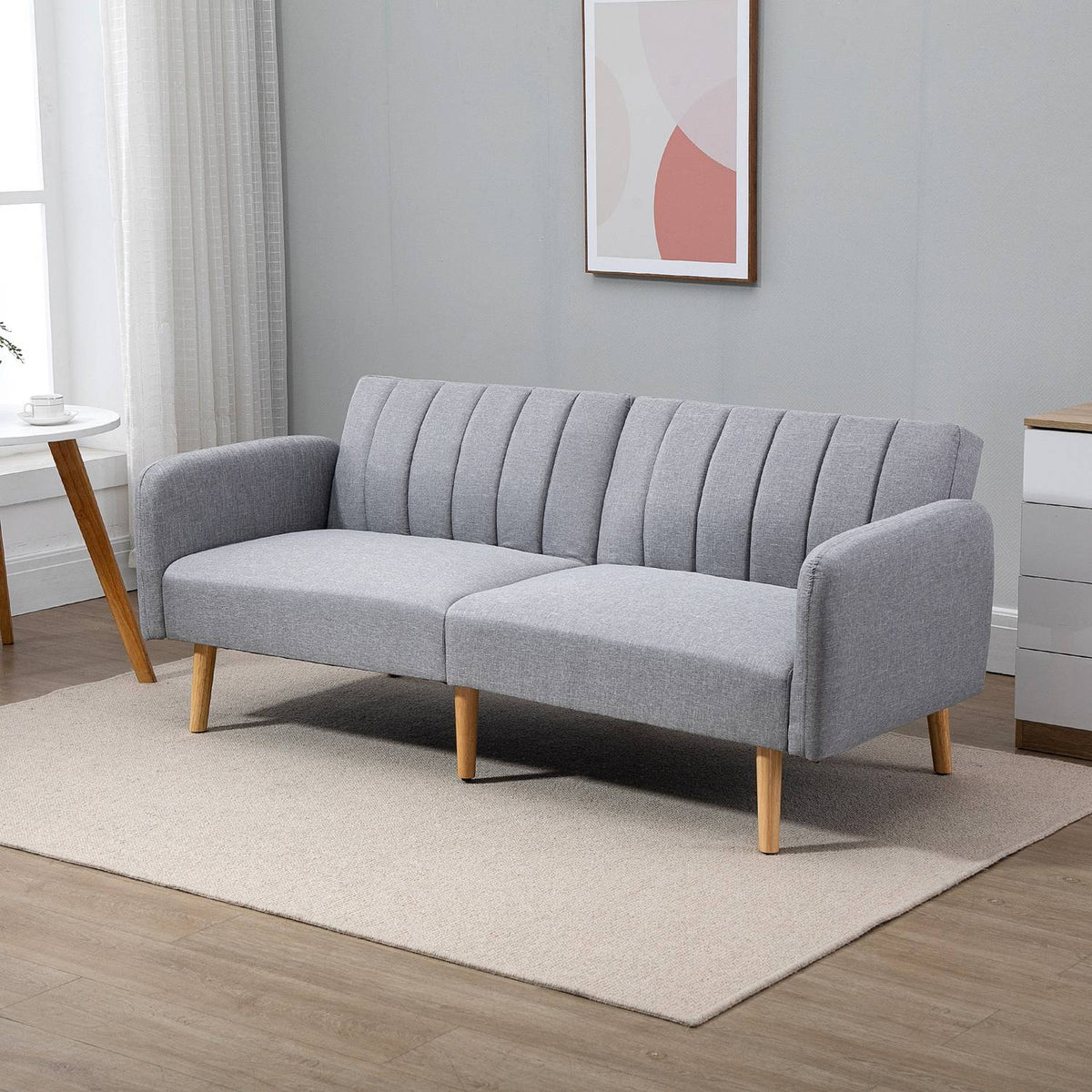 Grå 2-sits bäddsoffa, ställbart ryggstöd, träben