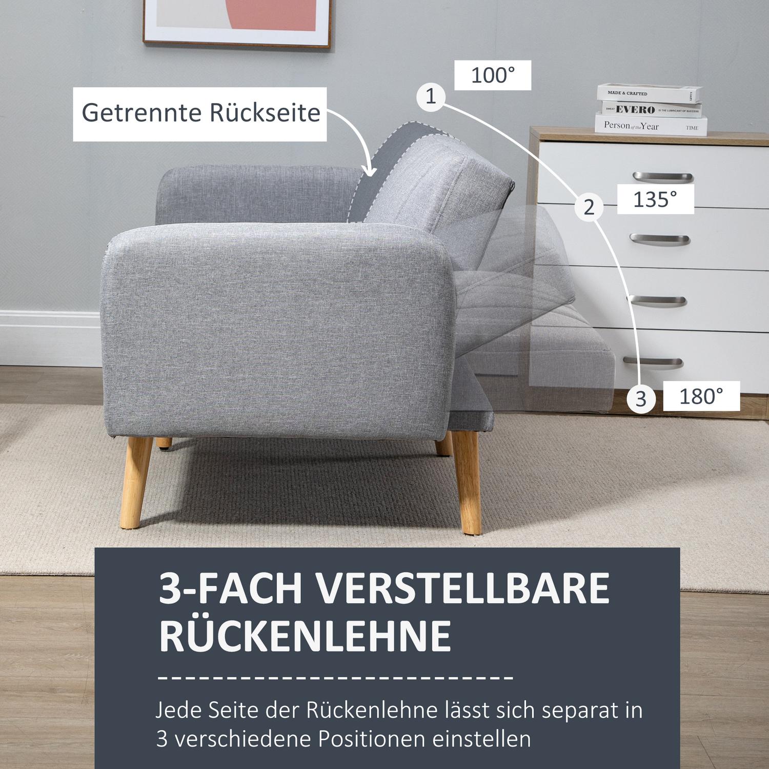 Grå 2-sits bäddsoffa, ställbart ryggstöd, träben