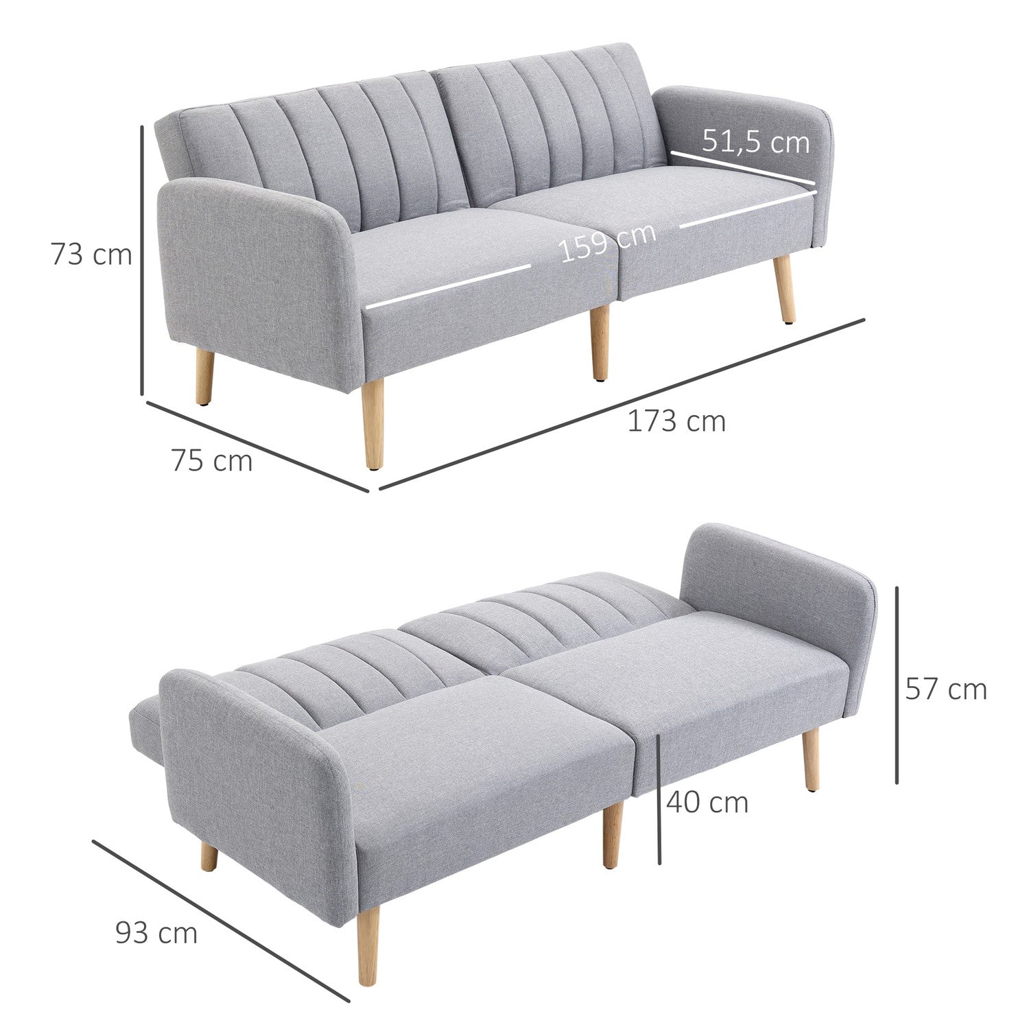 Grå 2-sits bäddsoffa, ställbart ryggstöd, träben
