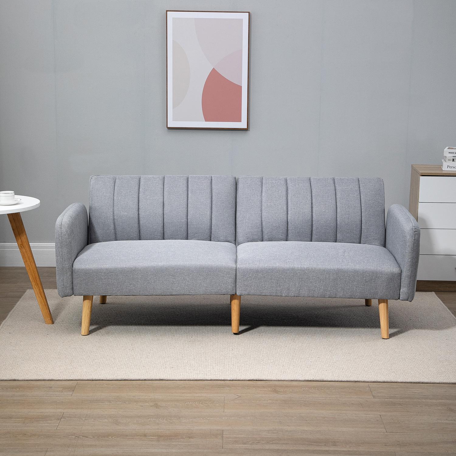 Grå 2-sits bäddsoffa, ställbart ryggstöd, träben
