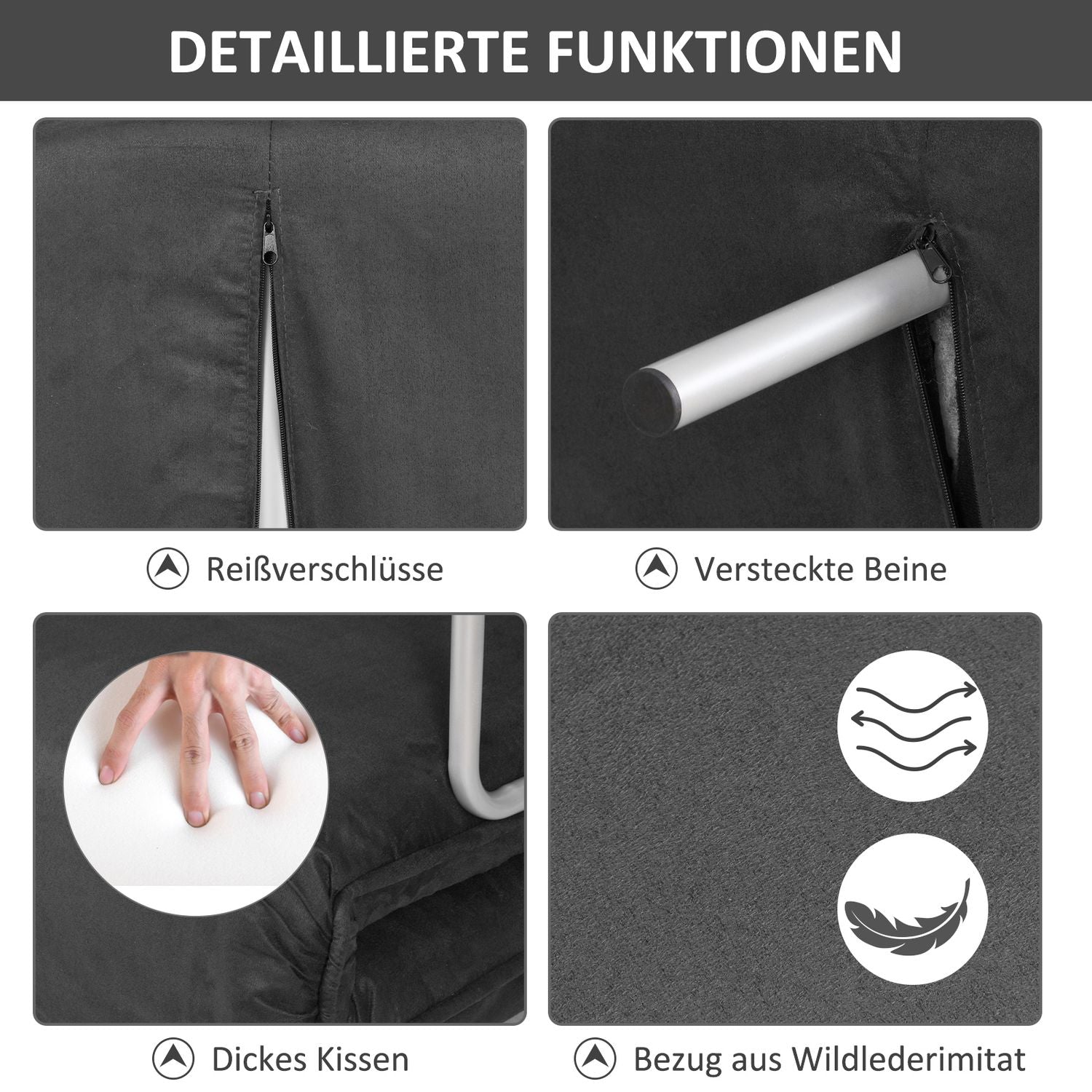 Grå 3-i-1 bäddsoffa, mockaimitation, 2-sits med armstöd