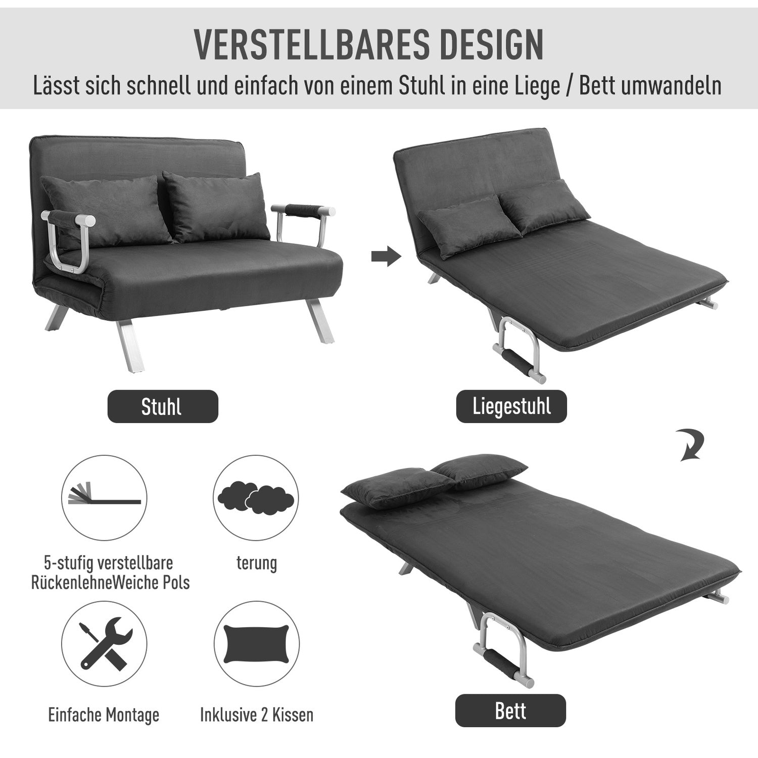 Grå 3-i-1 bäddsoffa, mockaimitation, 2-sits med armstöd
