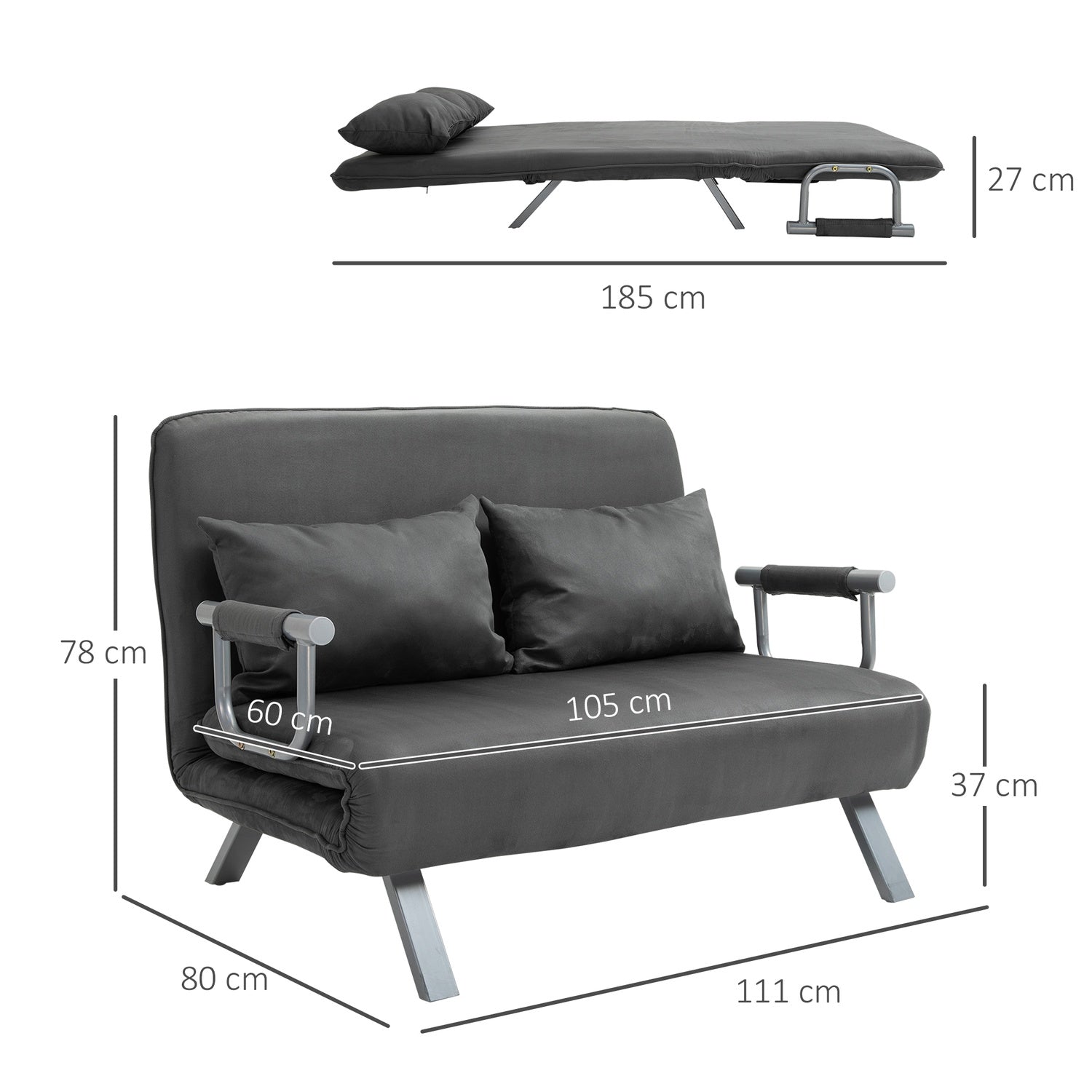 Grå 3-i-1 bäddsoffa, mockaimitation, 2-sits med armstöd
