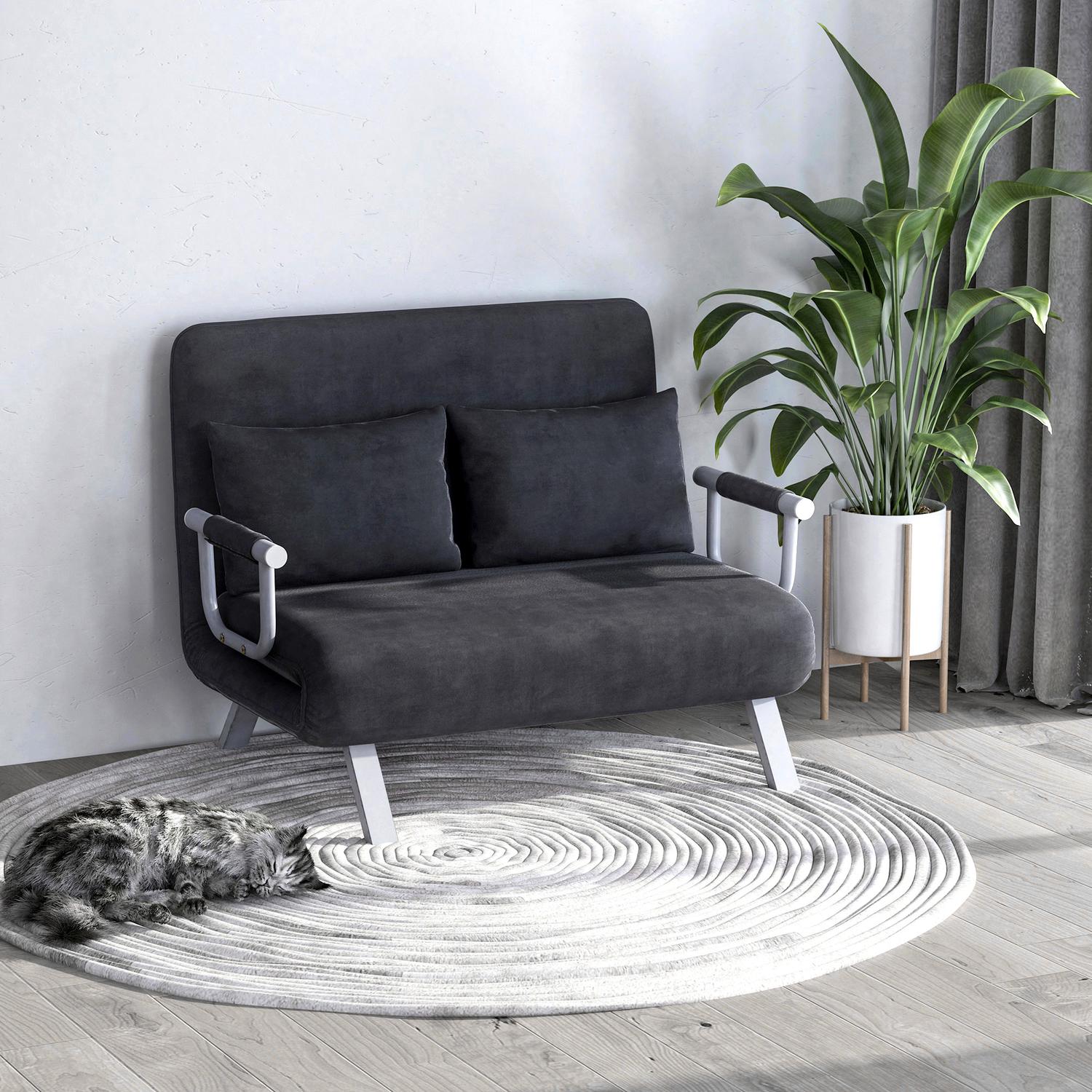 Grå 3-i-1 bäddsoffa, mockaimitation, 2-sits med armstöd