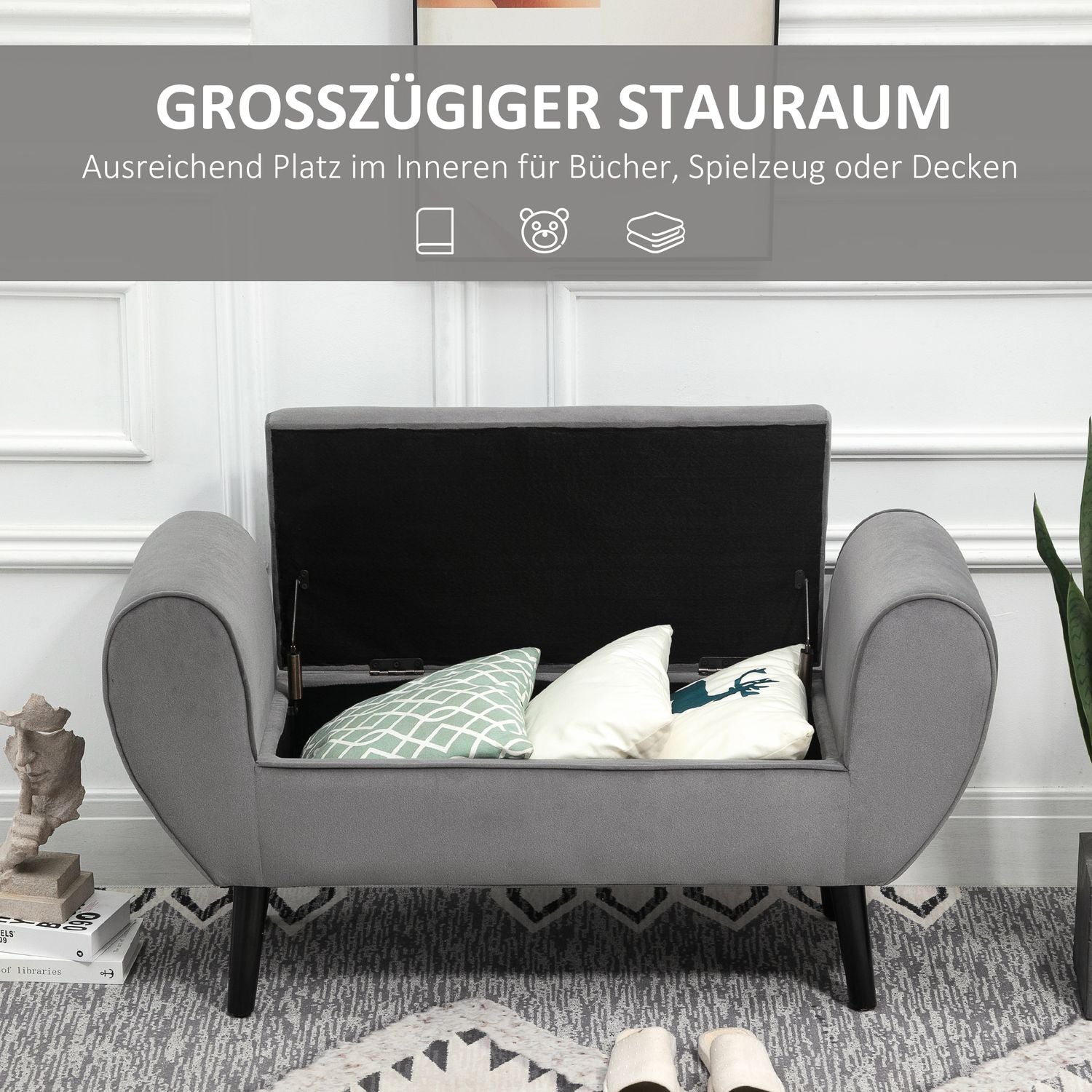 Grå Modern Förvaringsbänk – Sammet, 118x42x66 cm