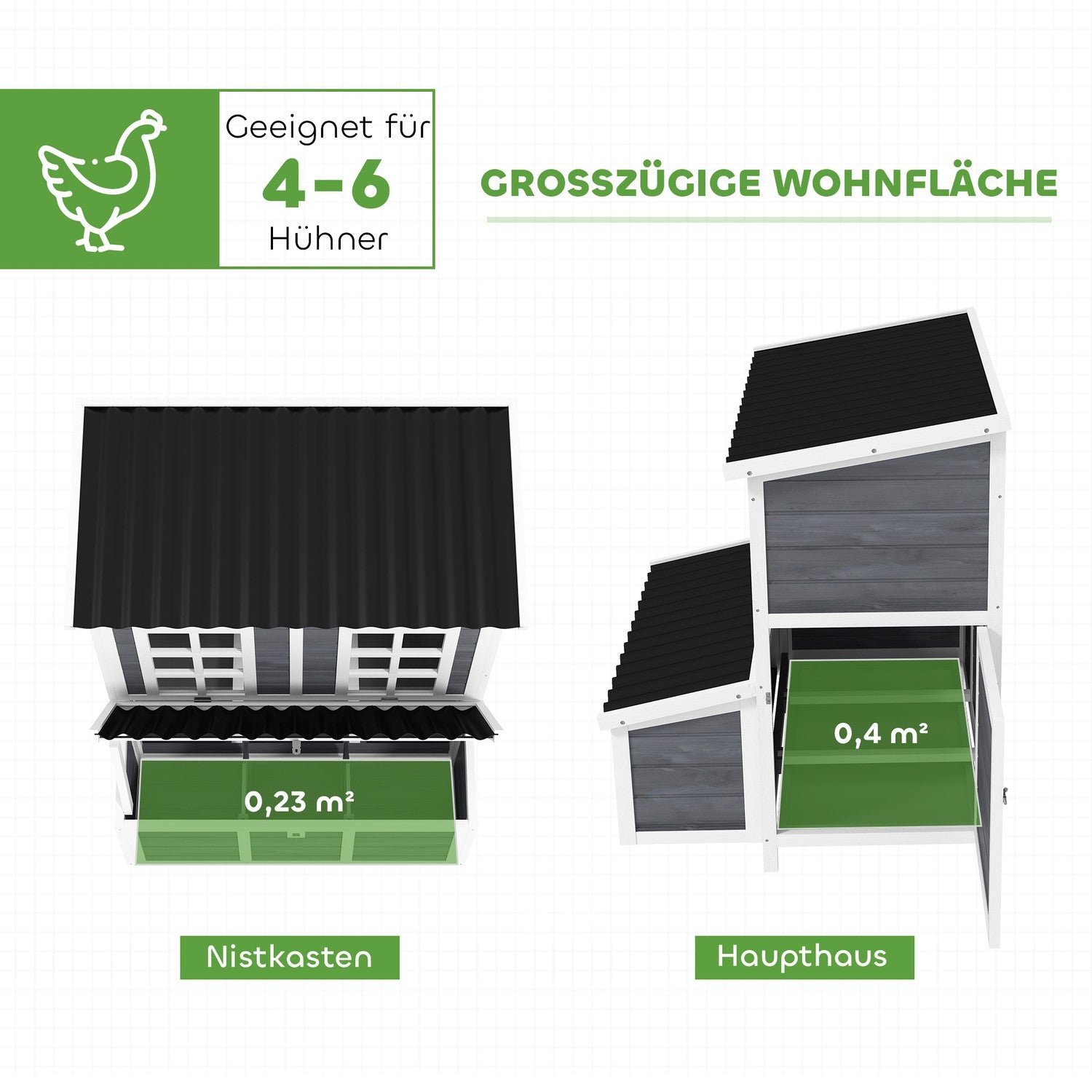Vattentät Gran Wood Chicken Coop med bolåda för 4-6 höns