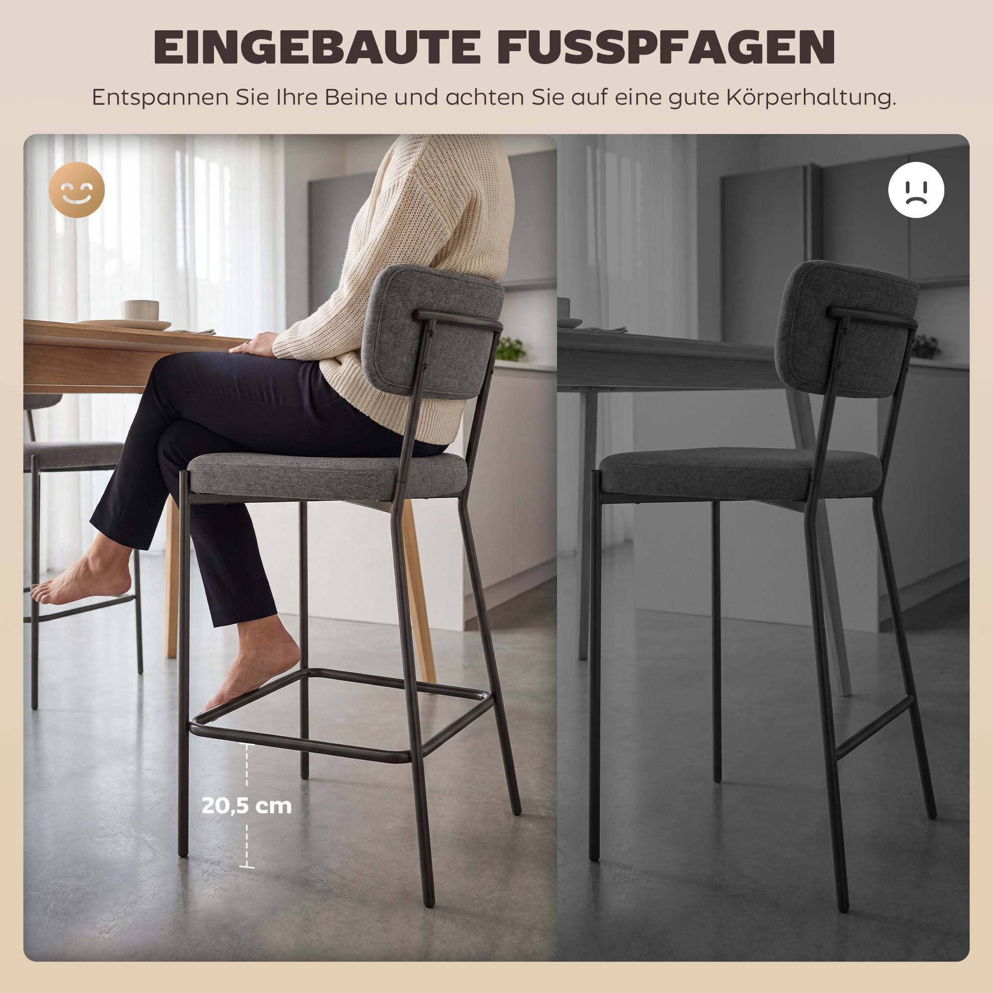 Grå barstolar, set om 2, böjd rygg, metallram