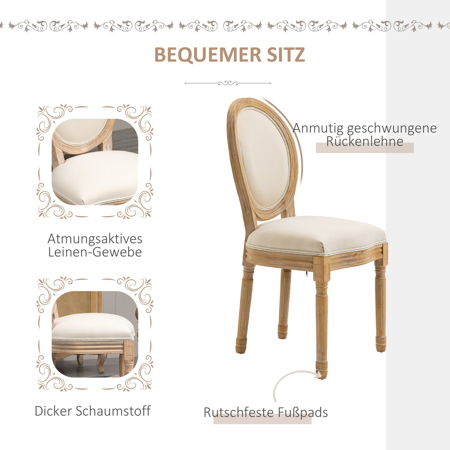 Gräddvita stoppade matstolar, set om 2 – Linen Touch