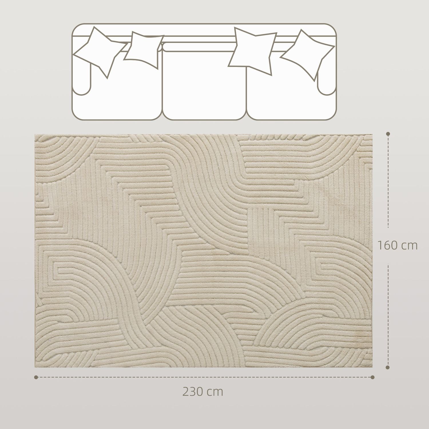 Gräddvit områdesmatta, 15 mm lugg, halkfri, 230x160 cm