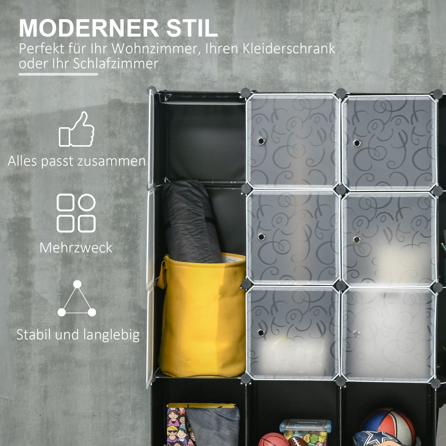 Modulärt garderobshyllsystem med 16 kuber och 2 stavar
