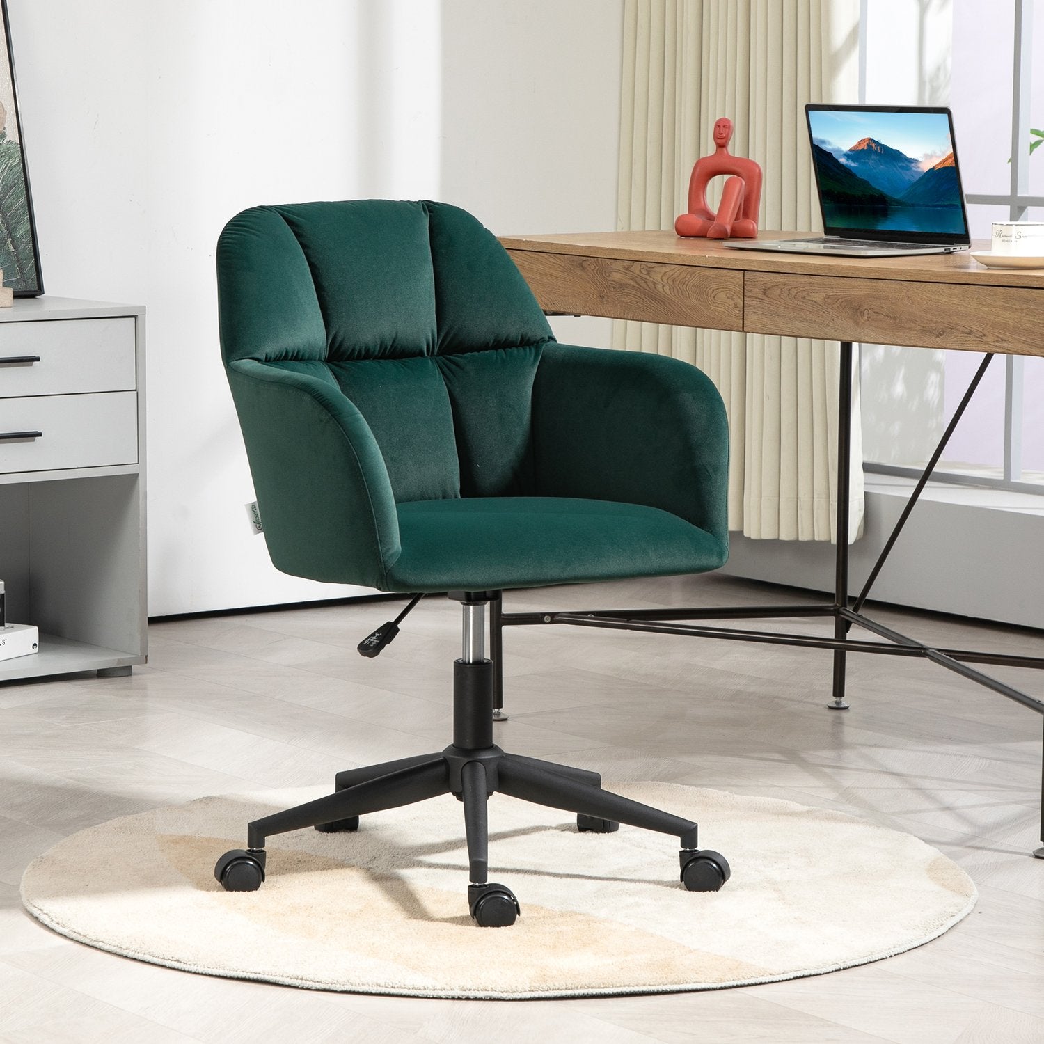 Green Velvet Look Swivel Office Stol, Justerbar Med Armstöd