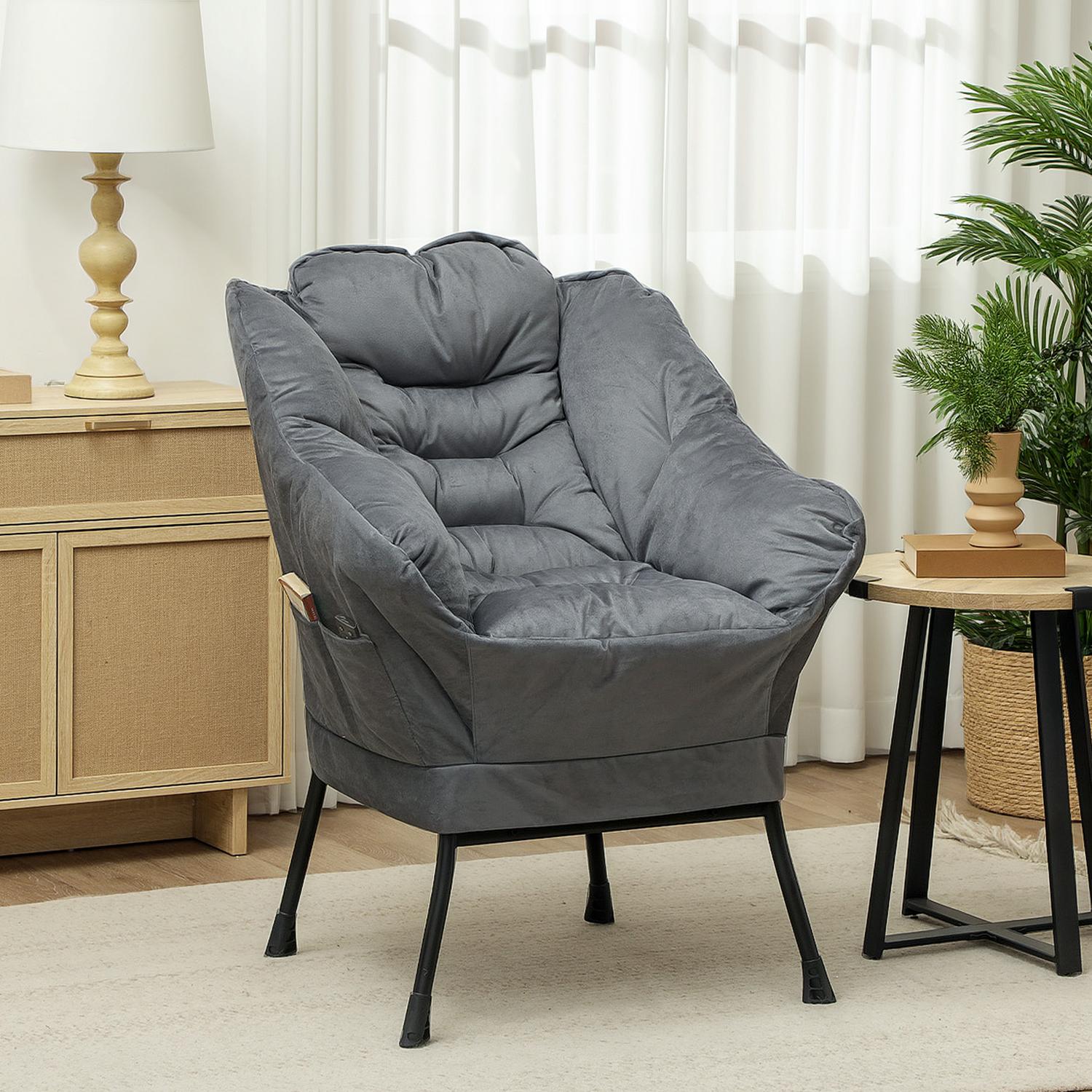 Grey Velvet Lounge Chair med sidoficka och stålben