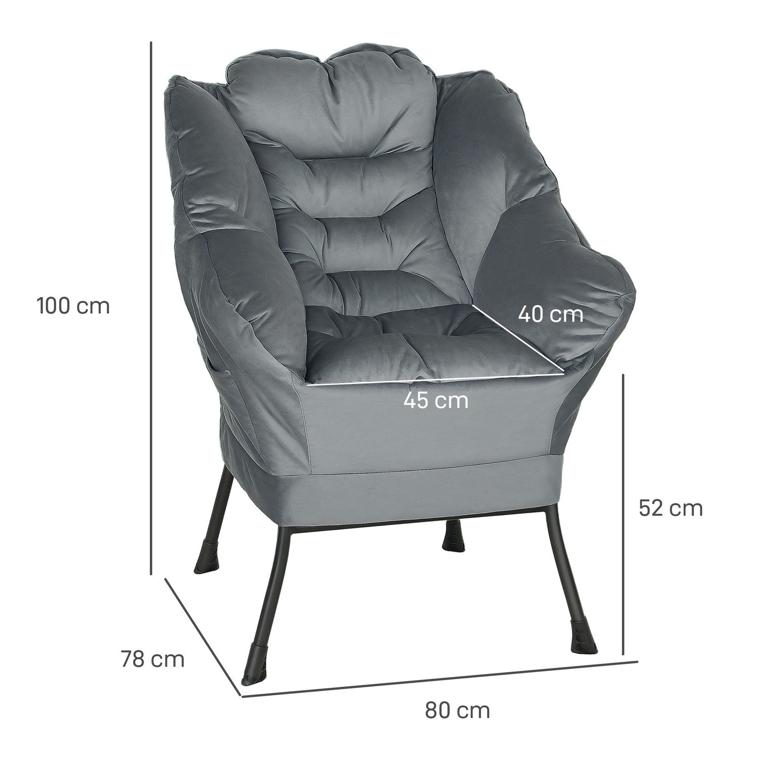 Grey Velvet Lounge Chair med sidoficka och stålben