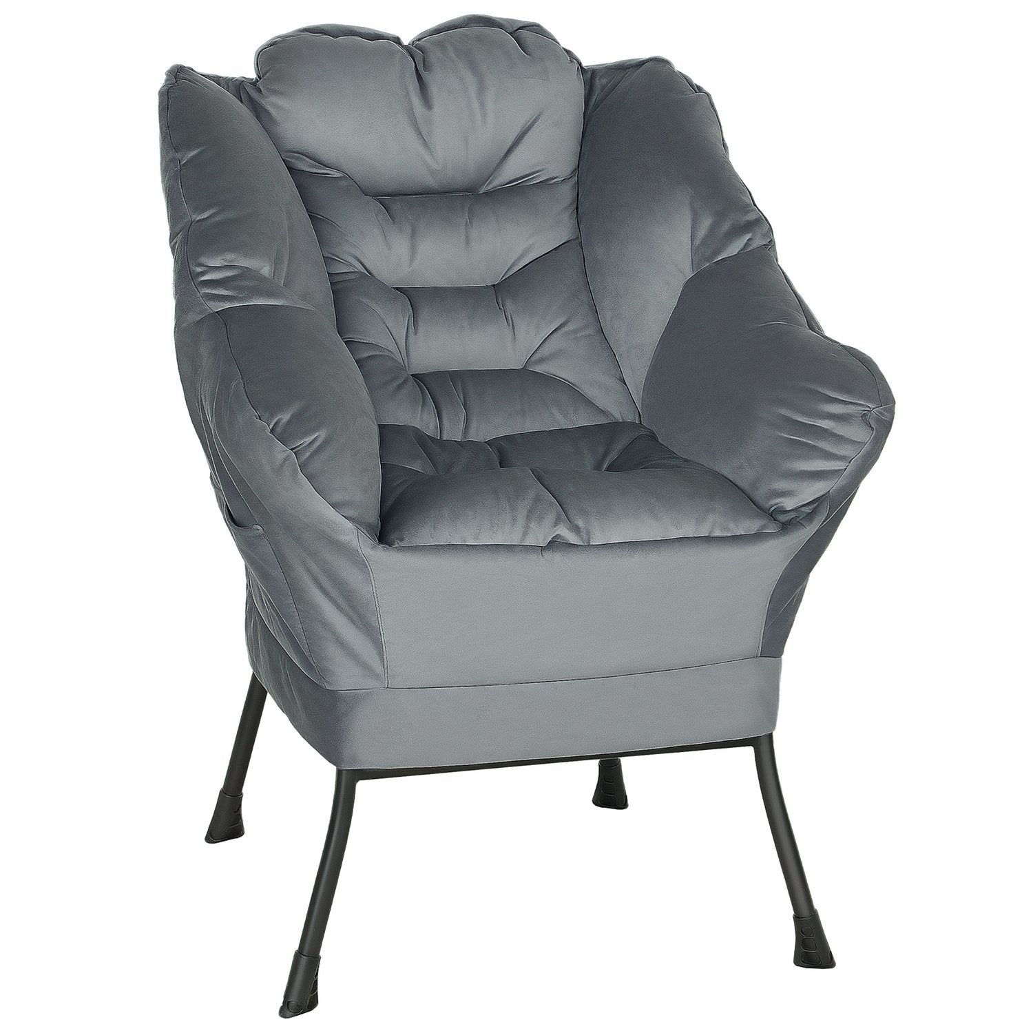 Grey Velvet Lounge Chair med sidoficka och stålben