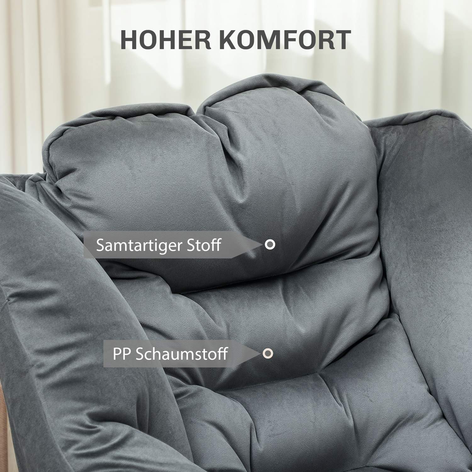 Grey Velvet Lounge Chair med sidoficka och stålben
