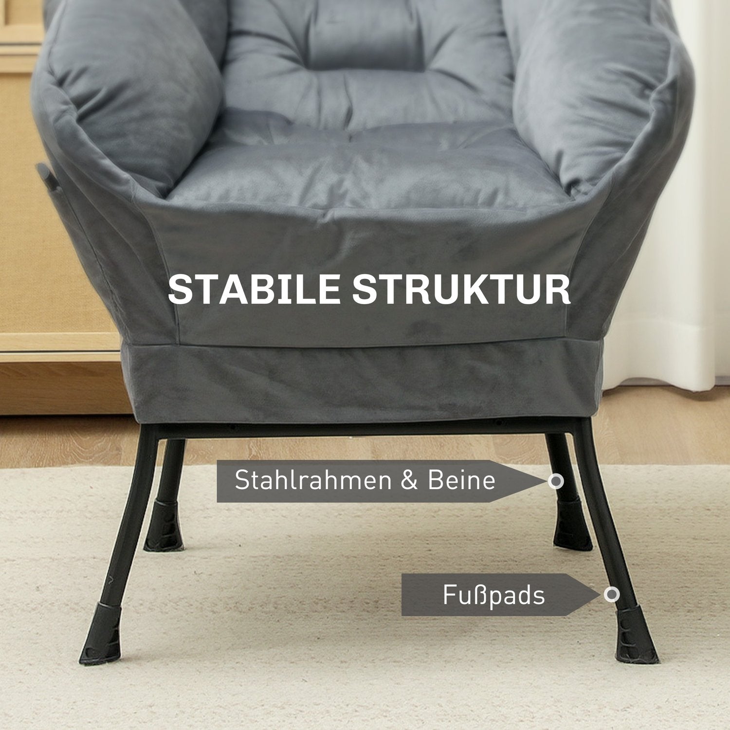 Grey Velvet Lounge Chair med sidoficka och stålben