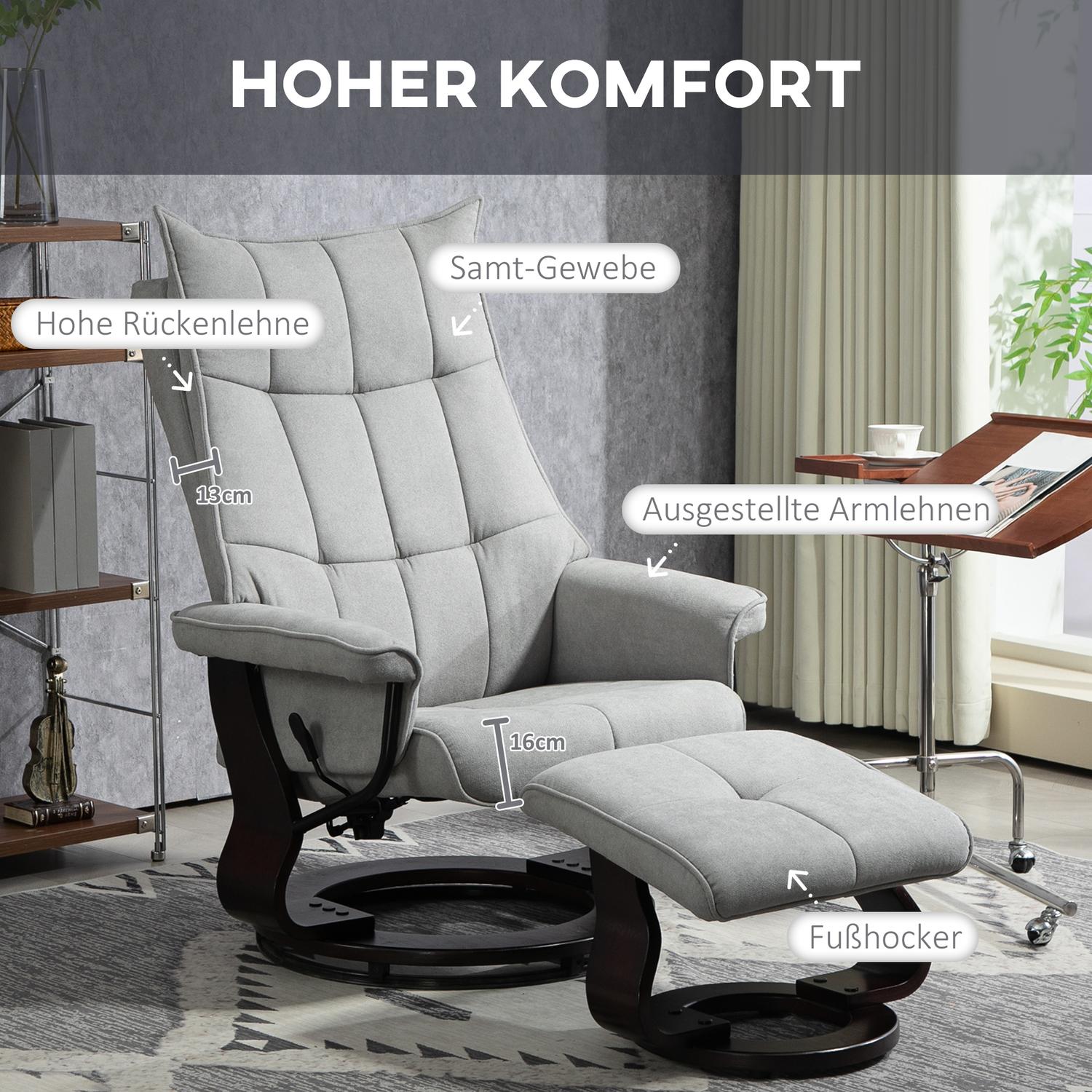 Grey Velvet Recliner Stol med osmansk, vridbar rocker