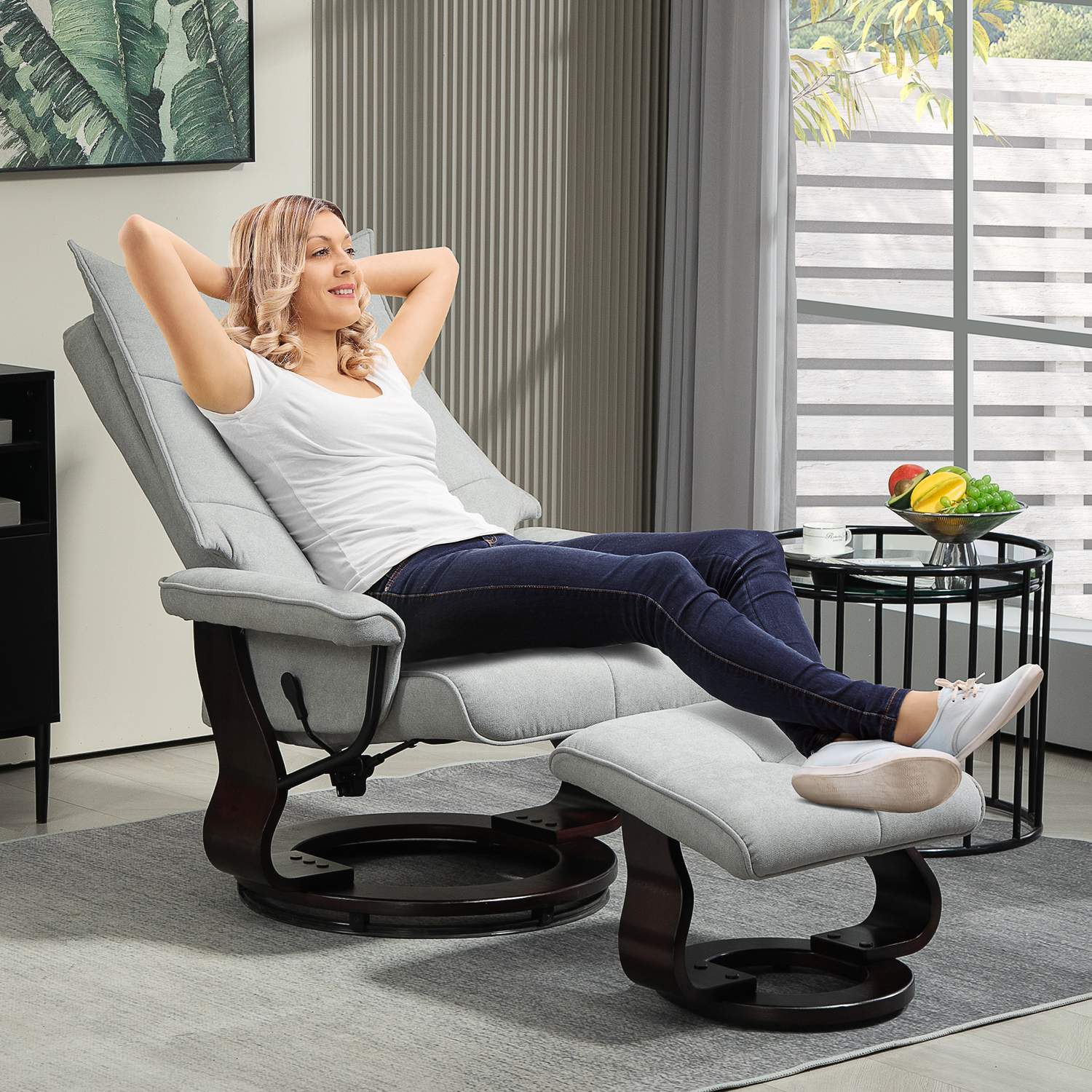 Grey Velvet Recliner Stol med osmansk, vridbar rocker