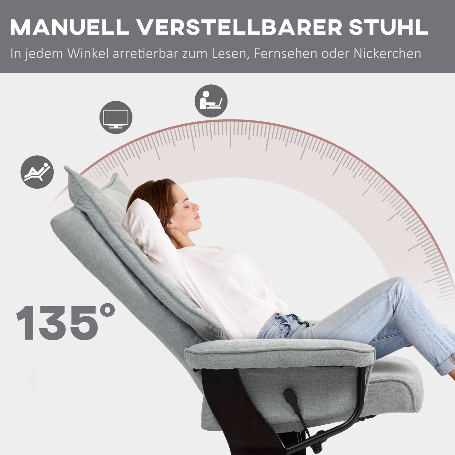 Grey Velvet Recliner Stol med osmansk, vridbar rocker
