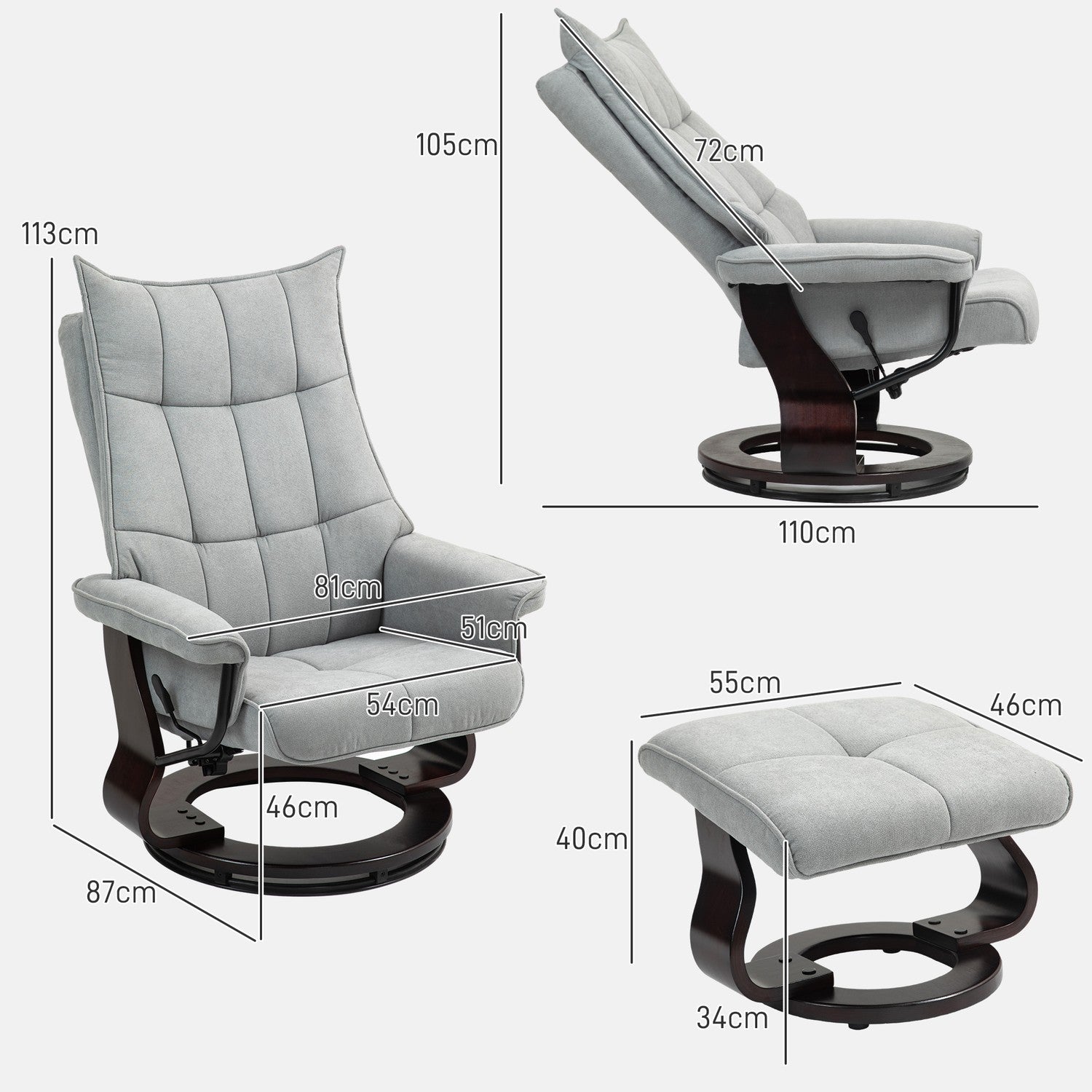 Grey Velvet Recliner Stol med osmansk, vridbar rocker