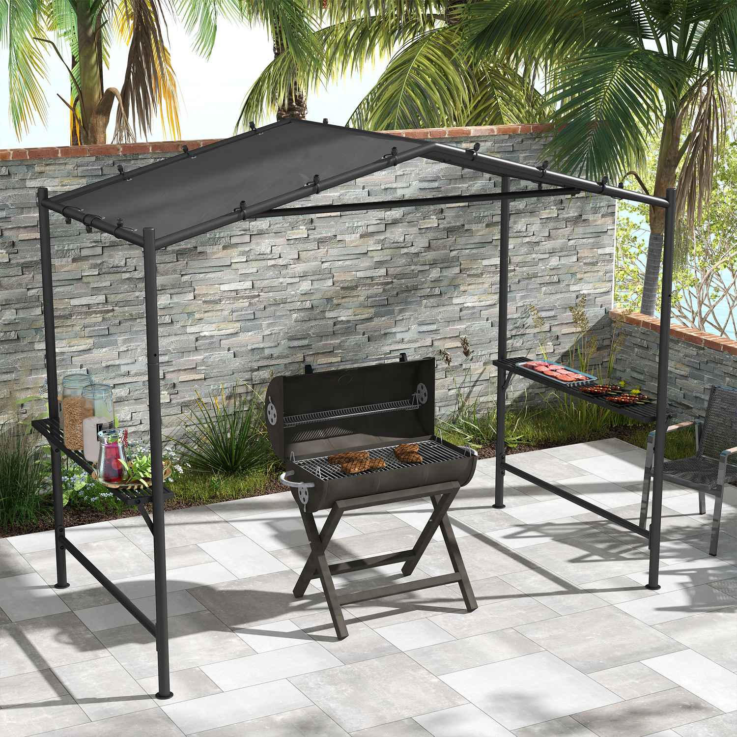 Väderbeständig grillpaviljong 3x1,5M med hyllor, stål