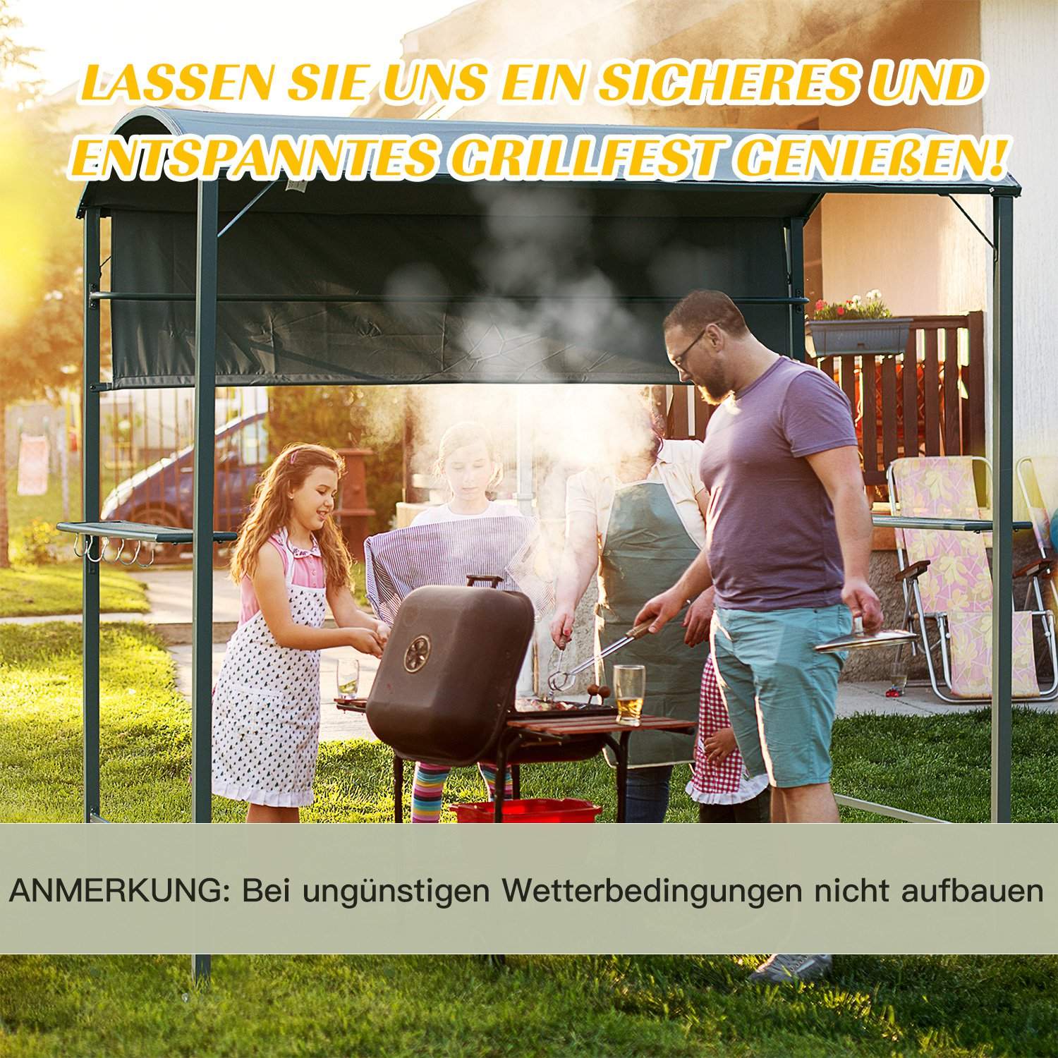 Grillpaviljong med flamsäkert tak, svart, 218x138x216cm