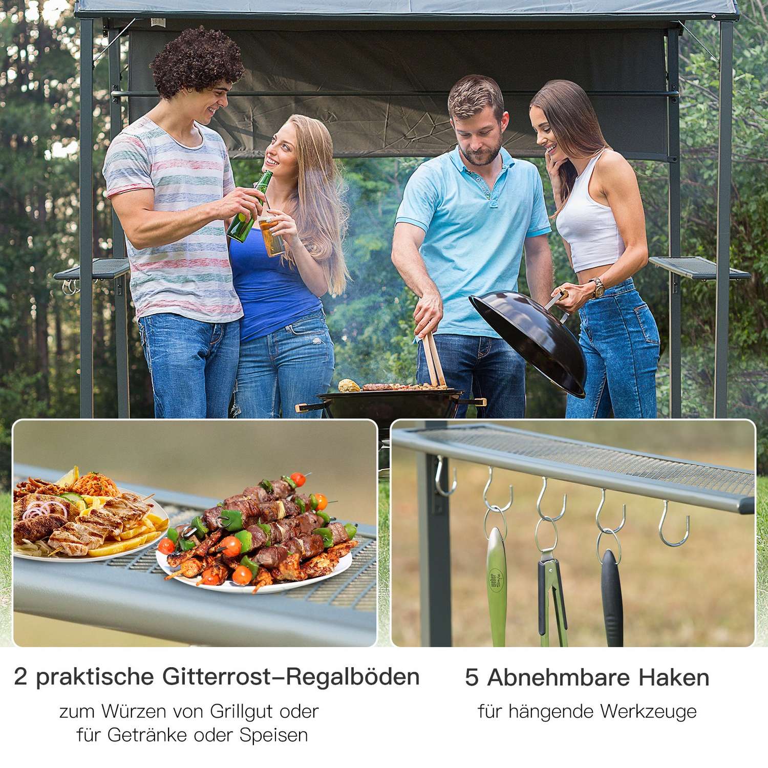 Grillpaviljong med flamsäkert tak, svart, 218x138x216cm