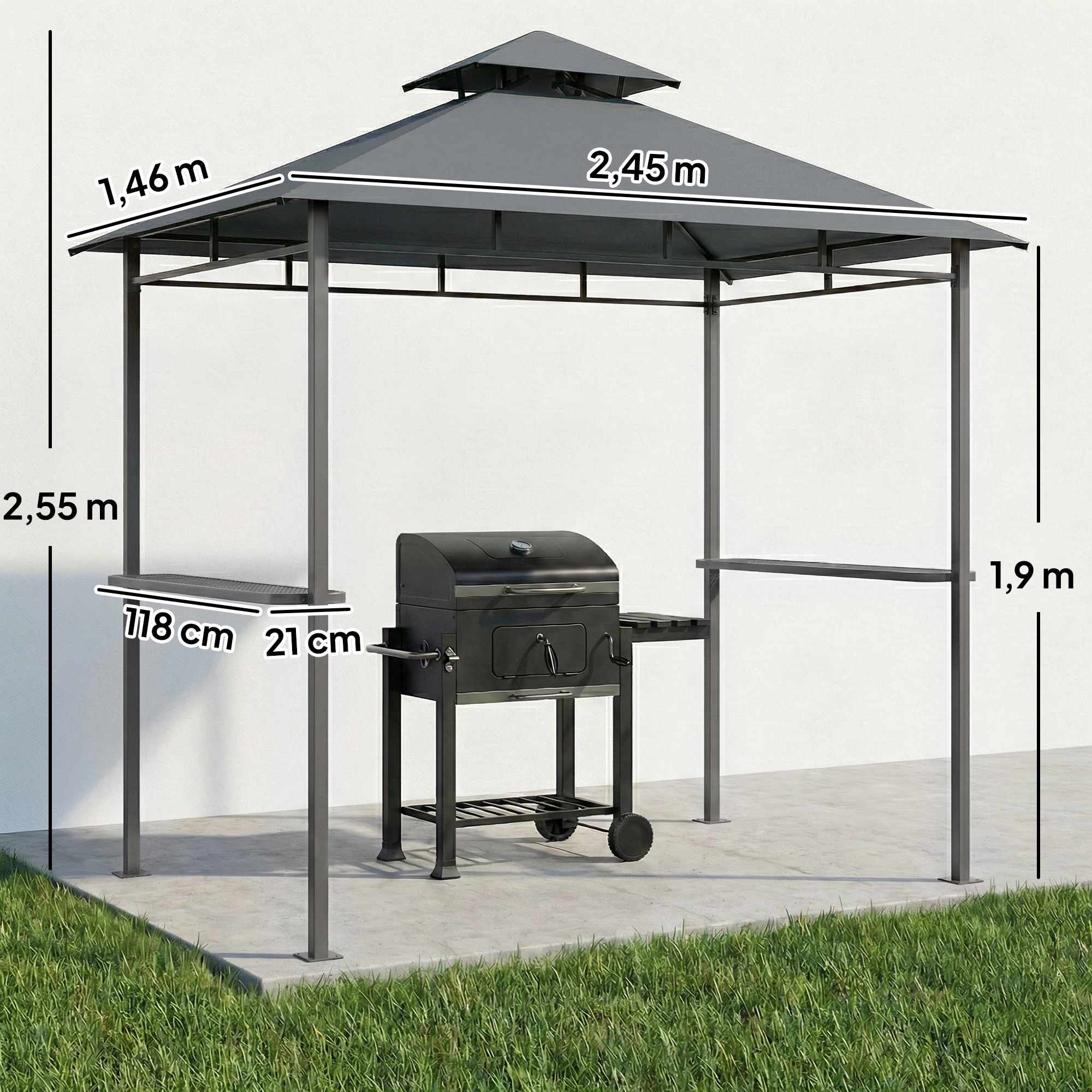 Grillpaviljong 2,4x1,4m, ventilerat tak, sidohyllor