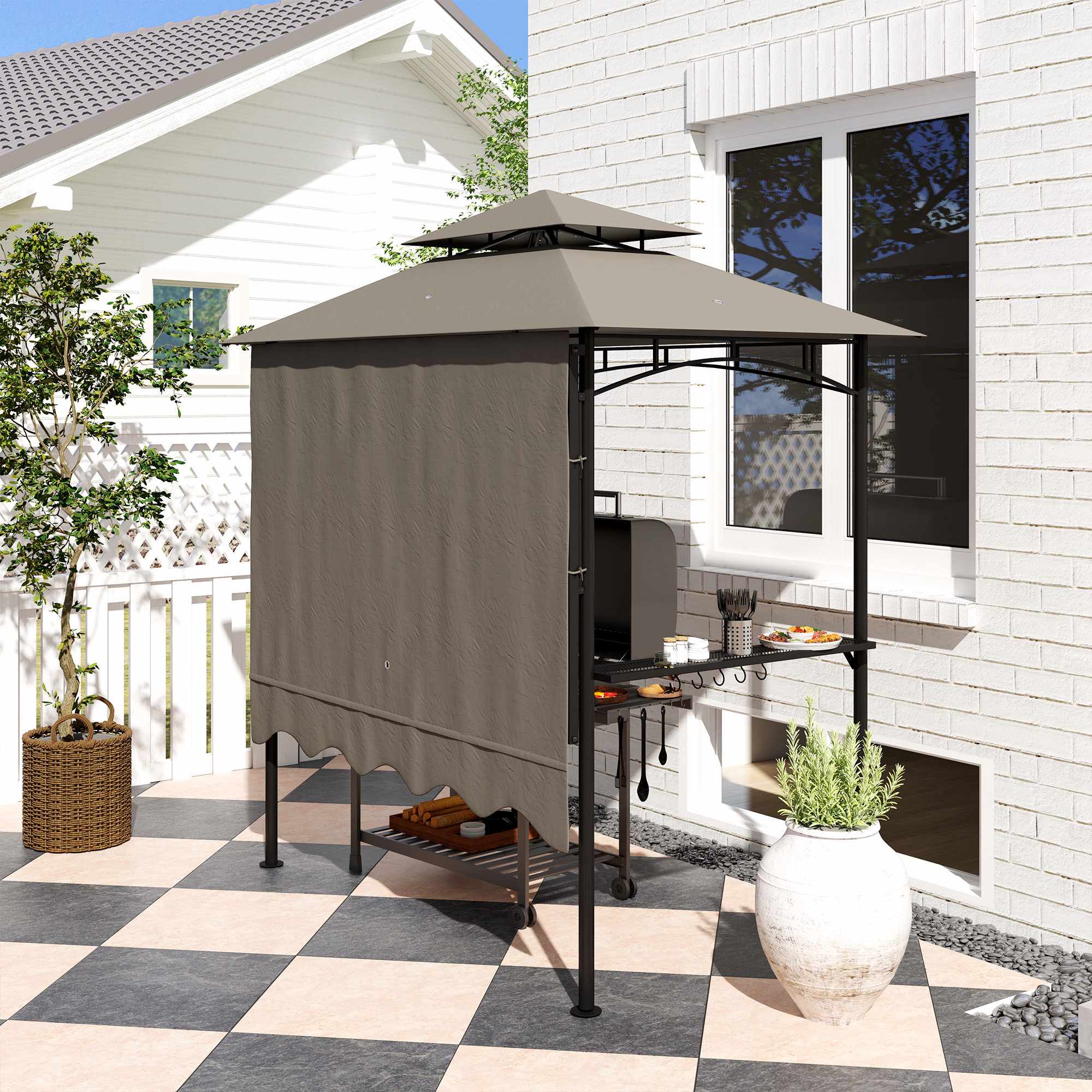 Grillpaviljong med justerbart tak och hyllor