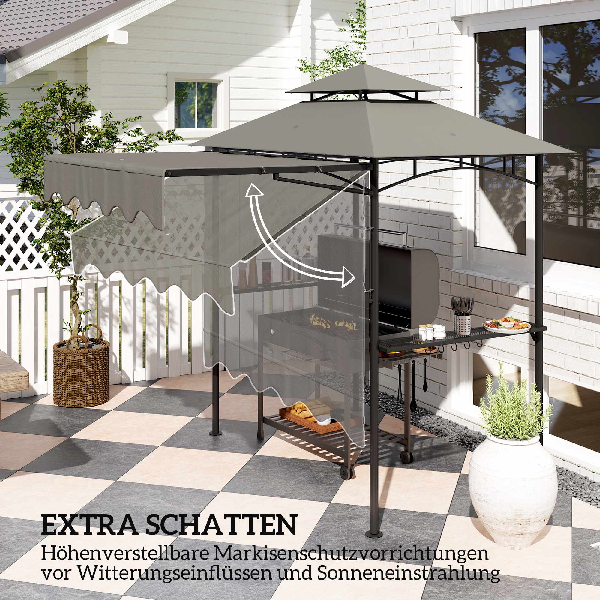 Grillpaviljong med justerbart tak och hyllor