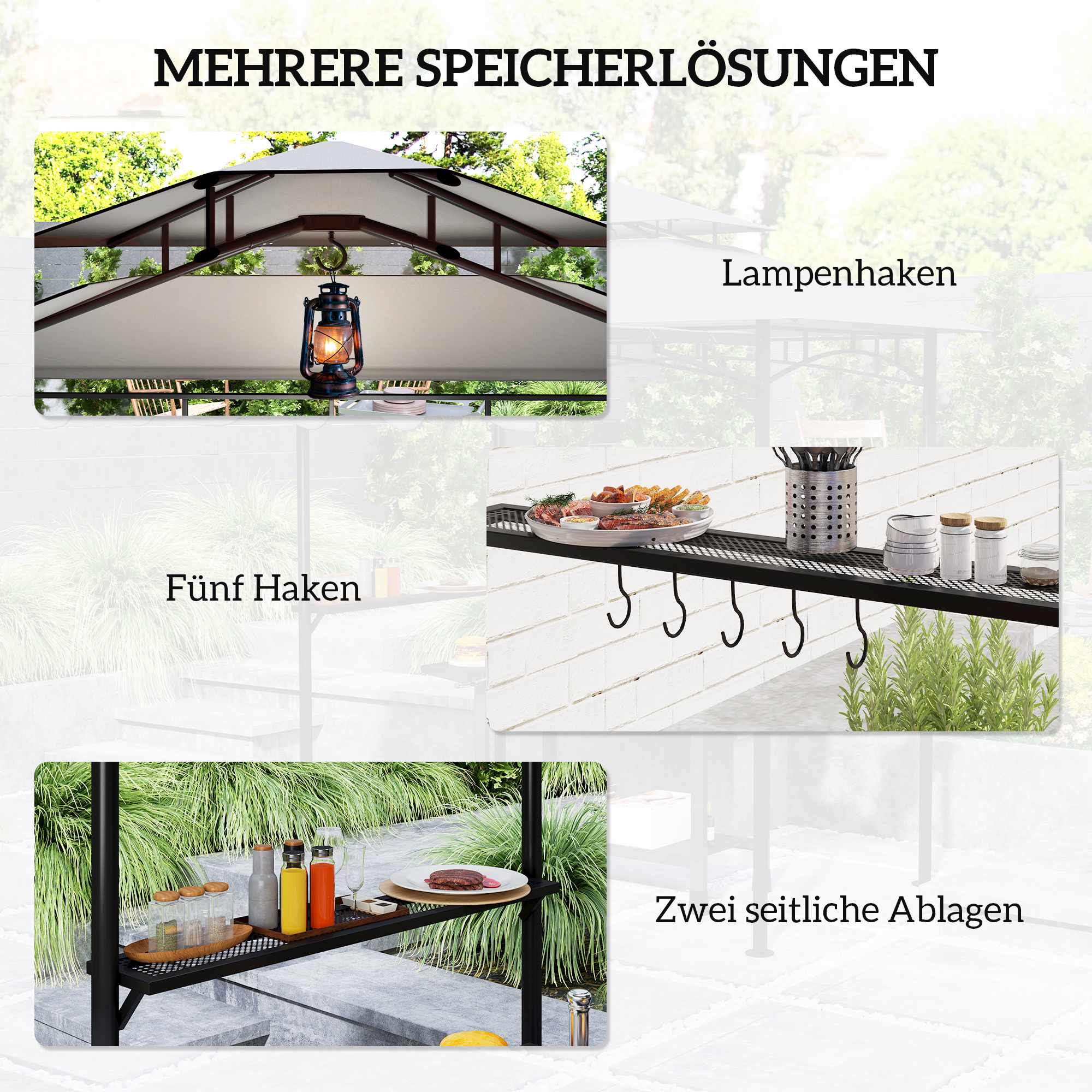 Grillpaviljong med justerbart tak och hyllor