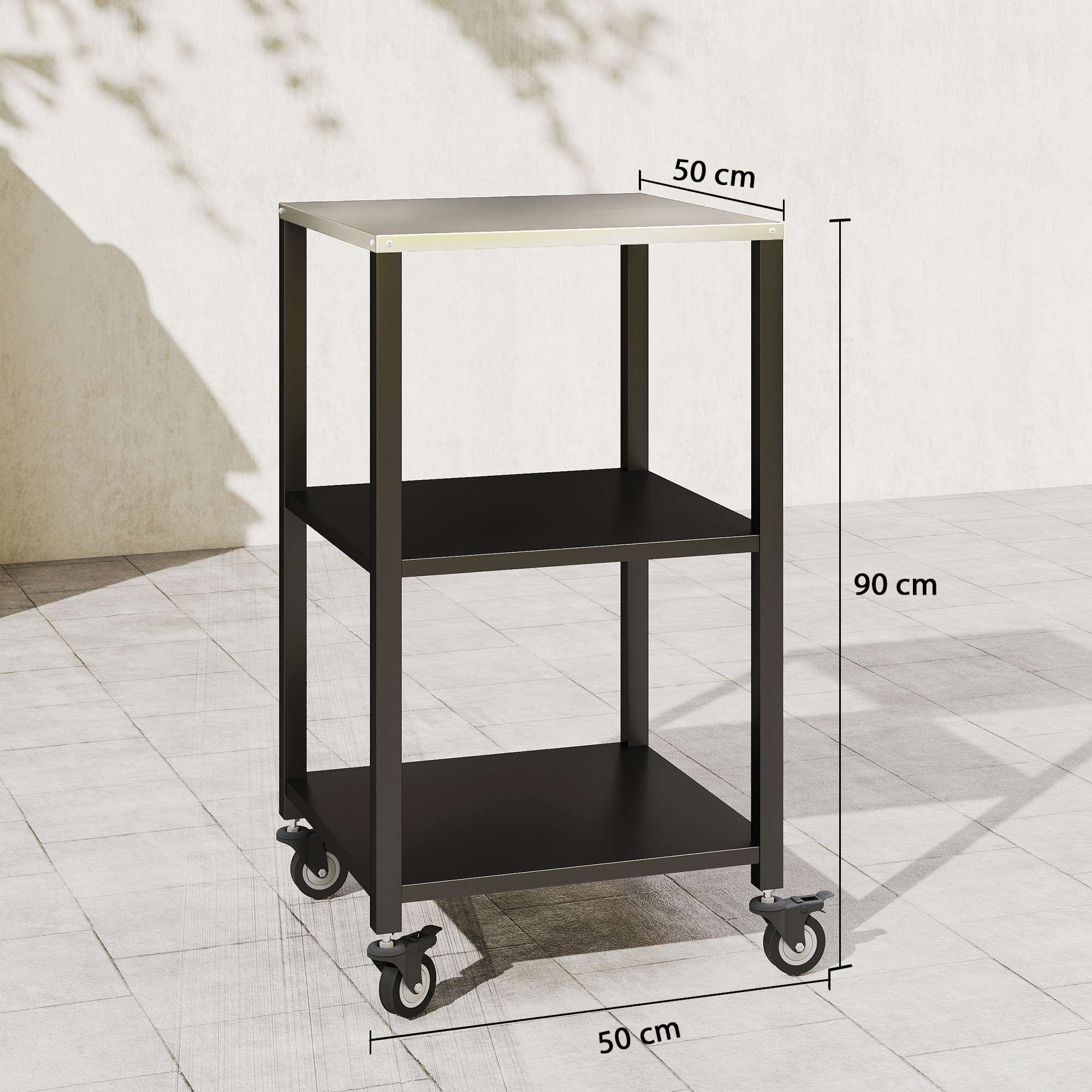 Grillvagn för utomhusbruk, 3-våningar i rostfritt stål, mobil 50x50x90 cm