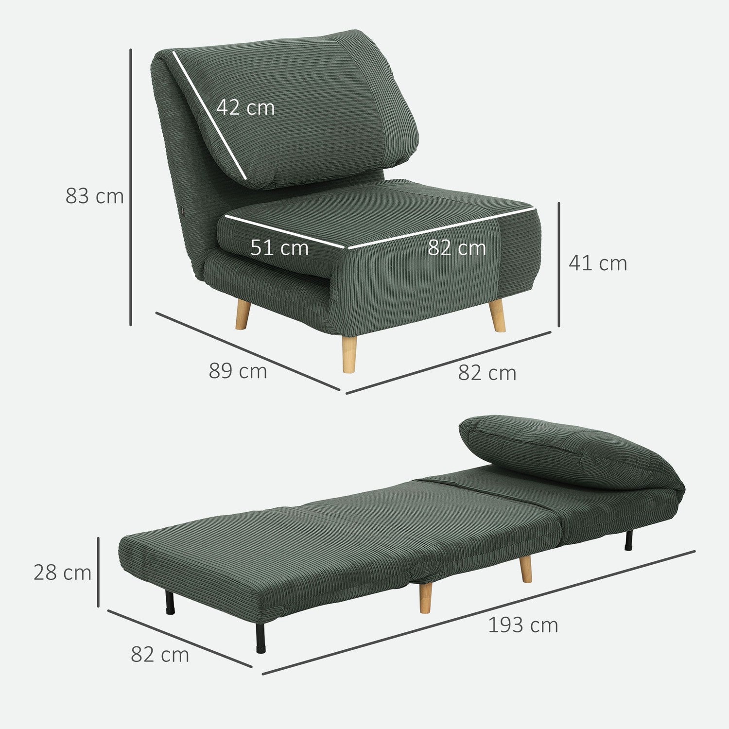 Grön justerbar manchester hopfällbar bäddsoffa – 82 x 89 x 83 cm