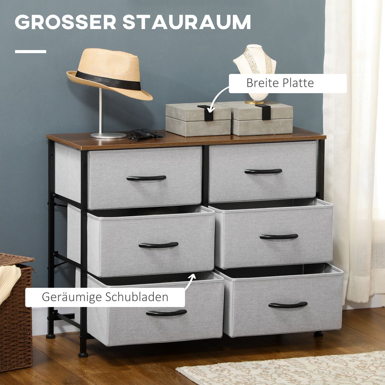 Grå tyglåda med 6 lådor – multifunktionsförvaringsskåp