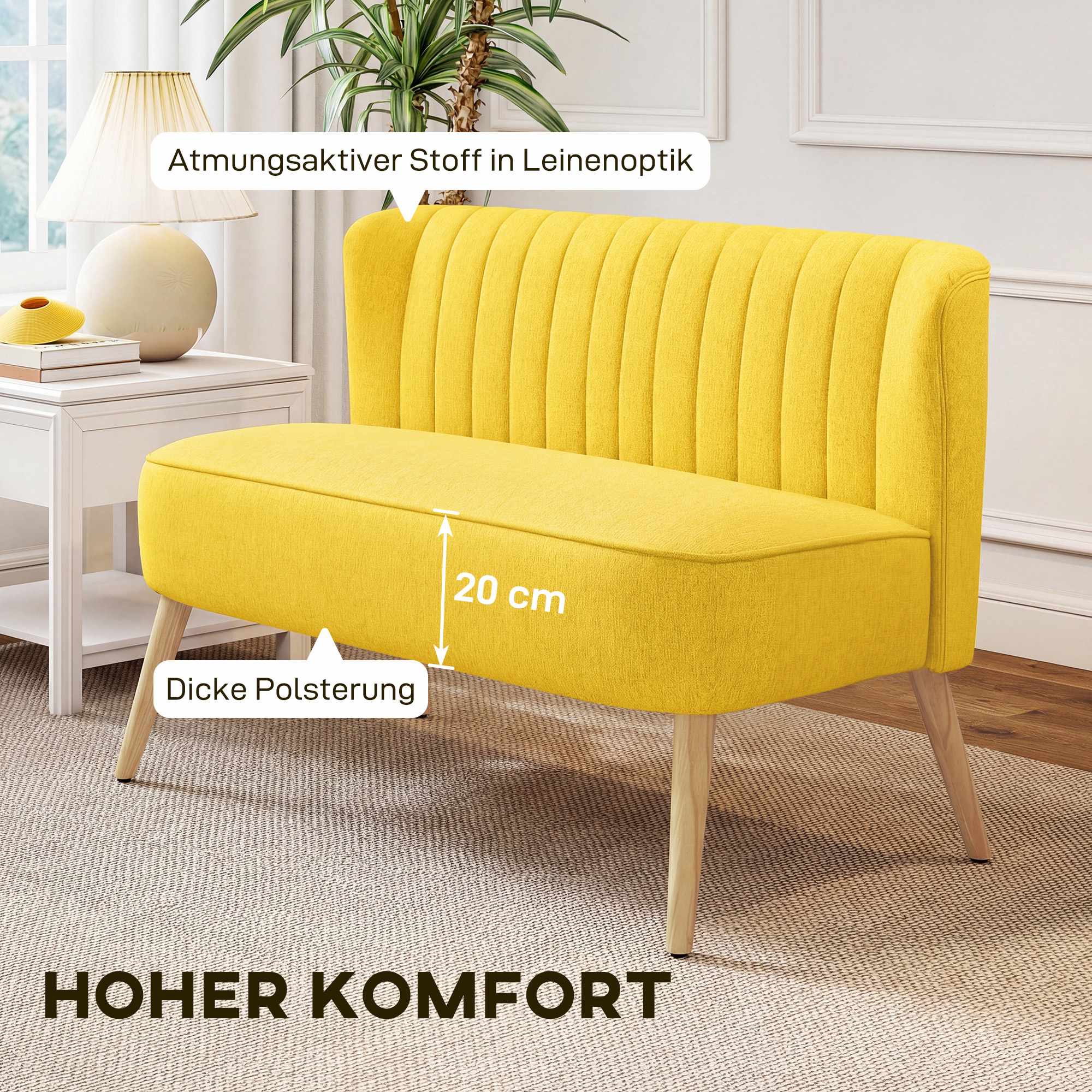 Gul 2-sitssoffa, skum och linne, kompakt design