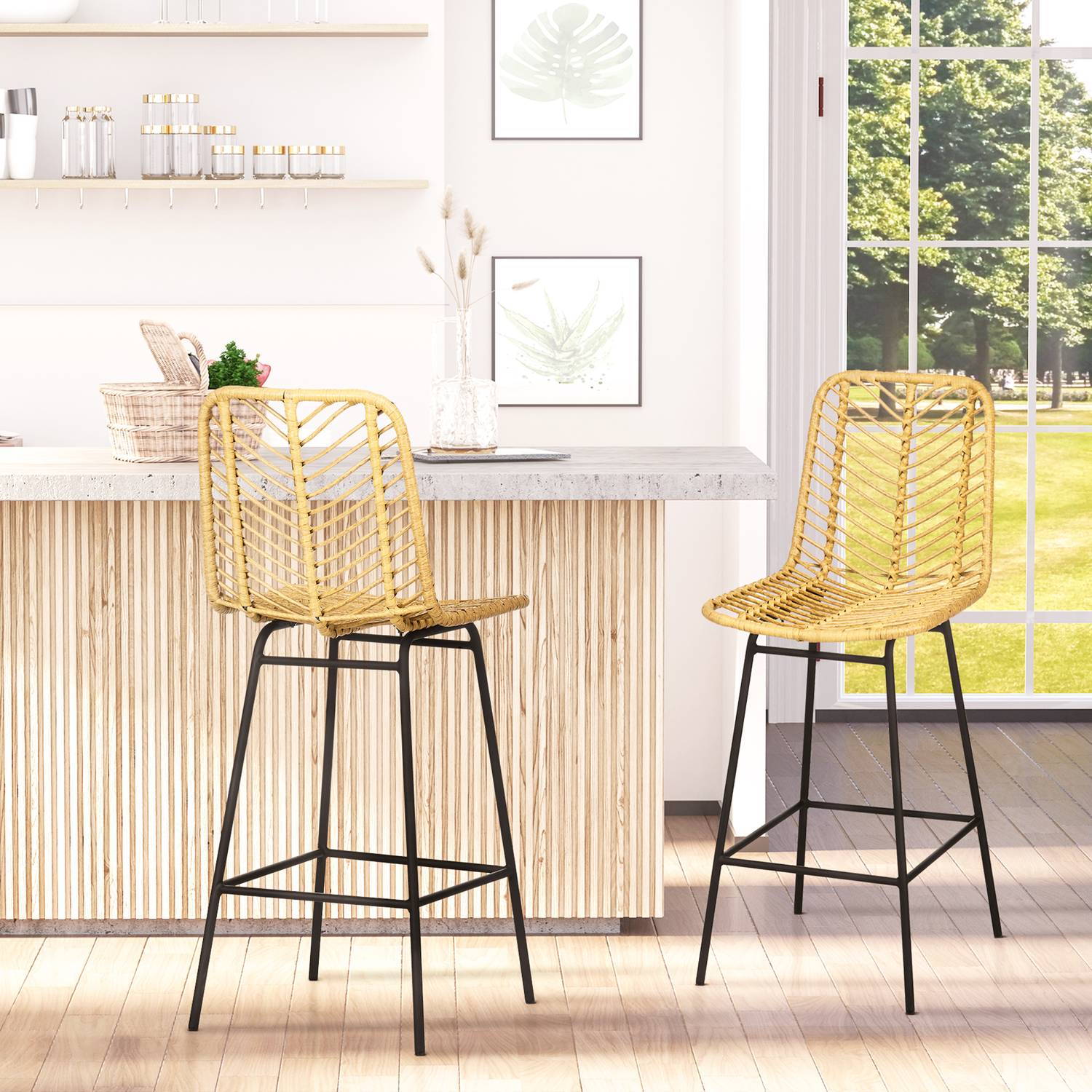 Gula stålbarstolar Set om 2 med ryggstöd, Boho Design